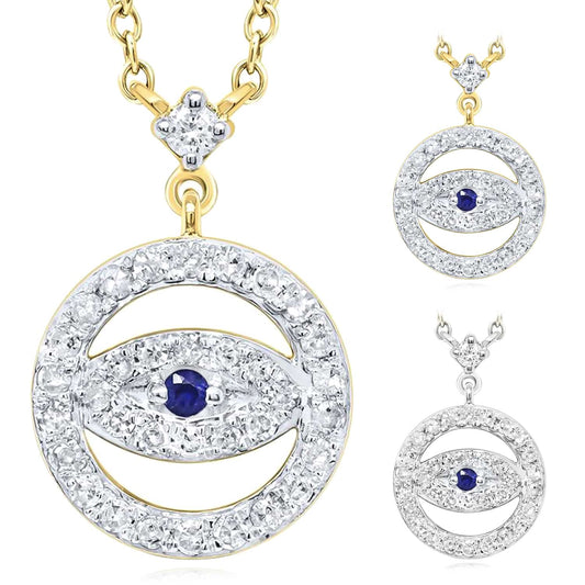 Natural Diamond and Sapphire 10K Yellow White Gold Evil Eye Necklace (Solid Links) 18"