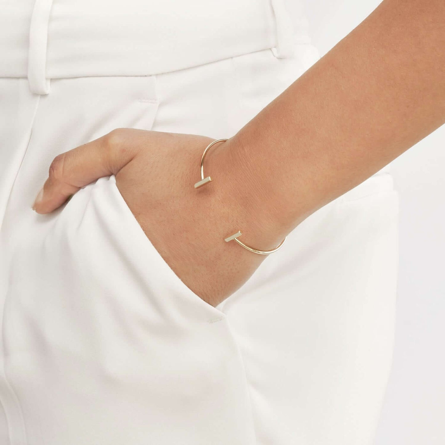 14K Real Gold Yellow White Rose Modern Bar-End Bangle Bracelet