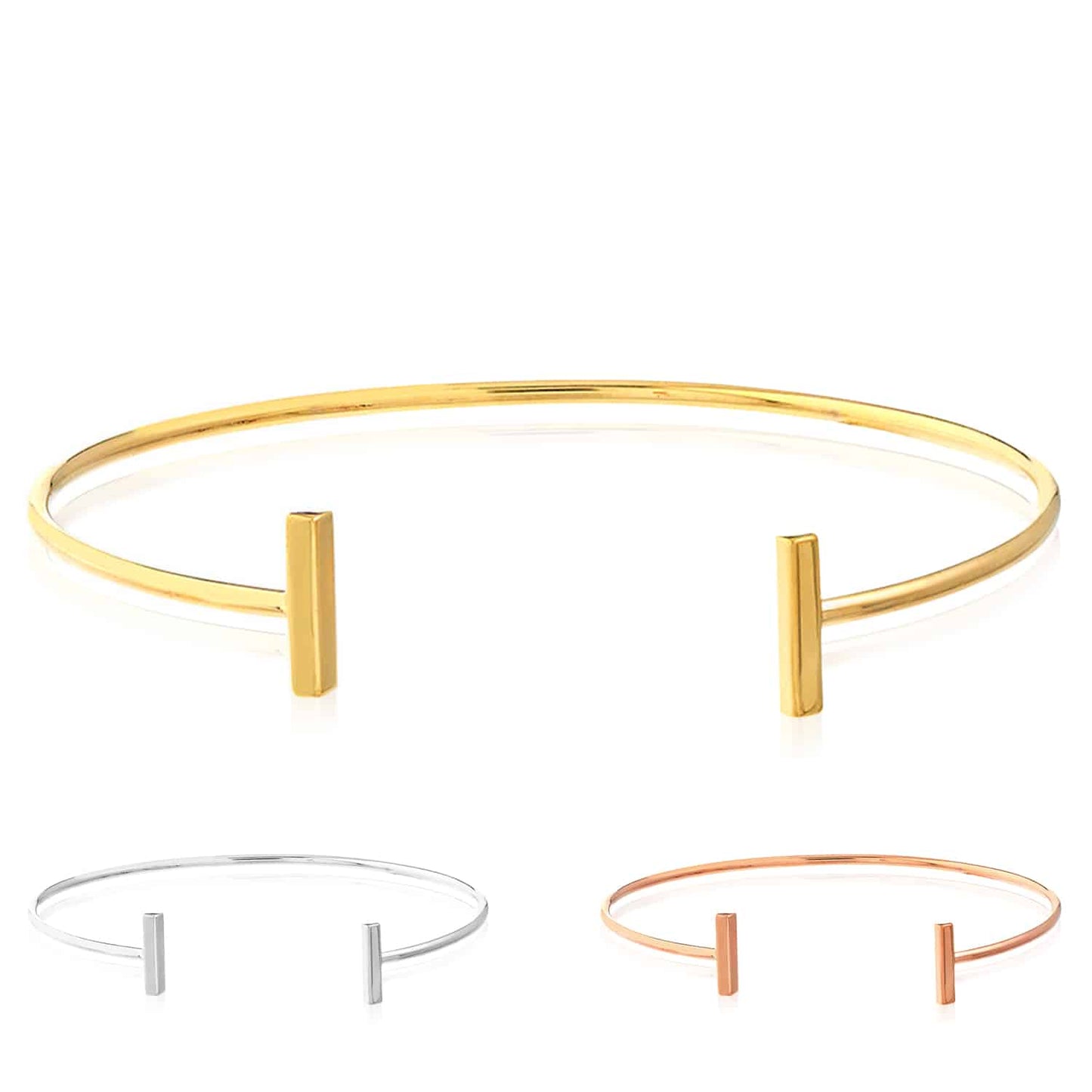 14K Real Gold Yellow White Rose Modern Bar-End Bangle Bracelet