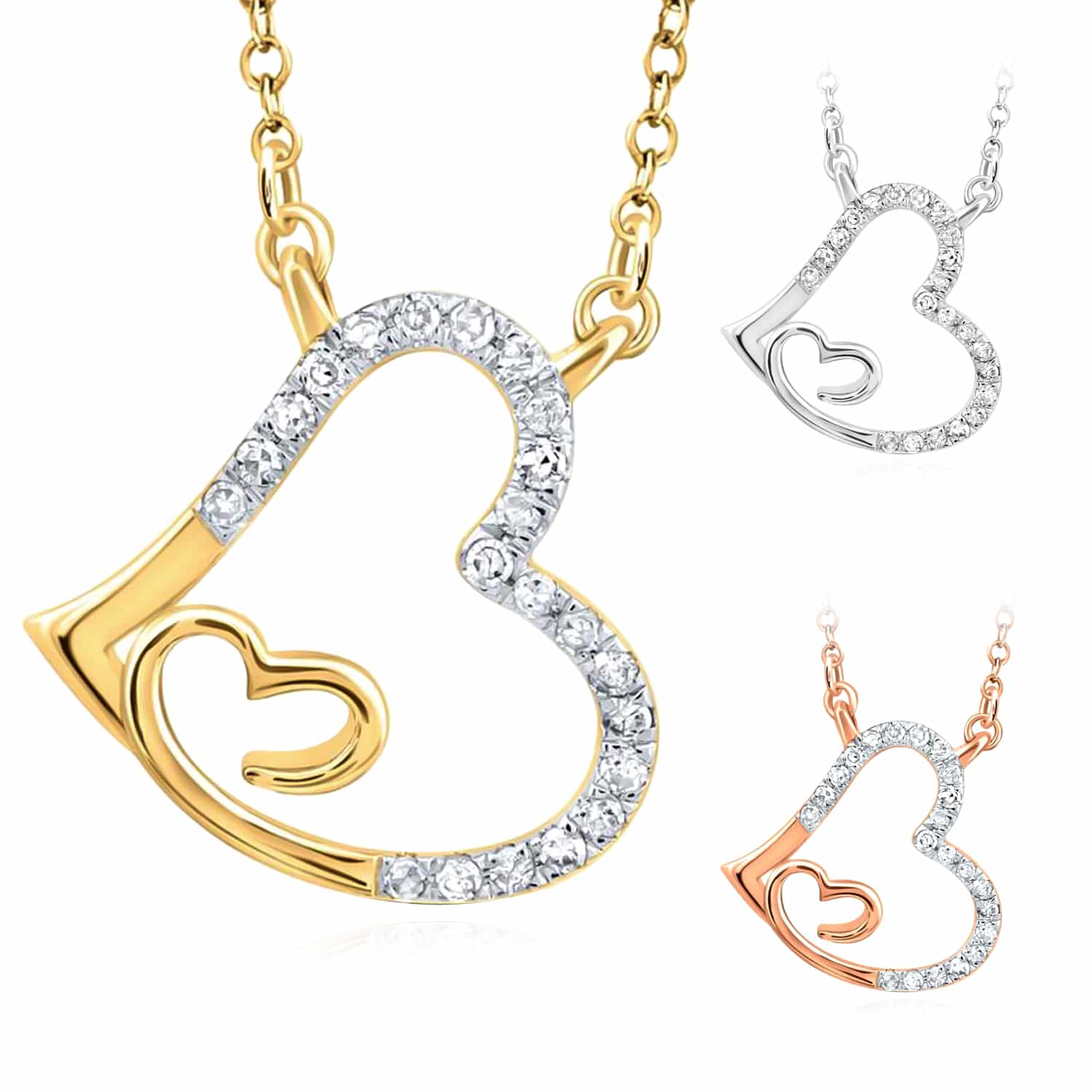 0.10CTW Natural Diamond 10K Yellow White Rose Gold Heart in Heart