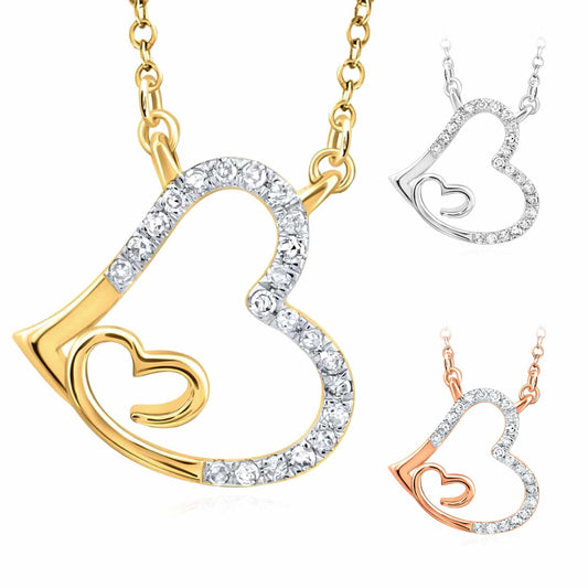 0.10CTW Natural Diamond 10K Yellow White Rose Gold Heart in Heart Necklace (Solid Links) 18"