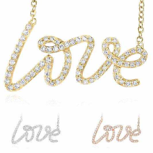 Natural Diamond 10K Yellow White Rose Gold Love Script Necklace (Solid Links) 18"