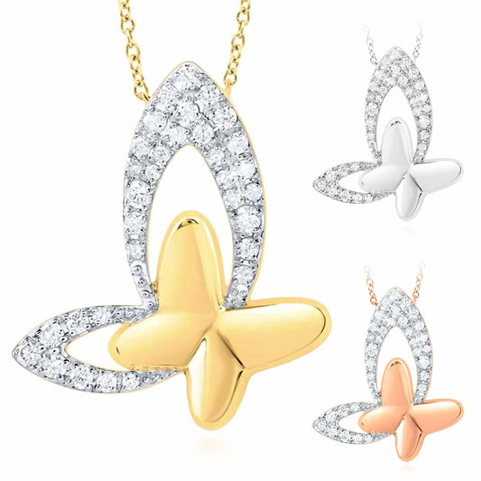 .33CTW Natural Diamond 10K Yellow White Rose Gold Butterfly Necklace (Solid Links) 18"