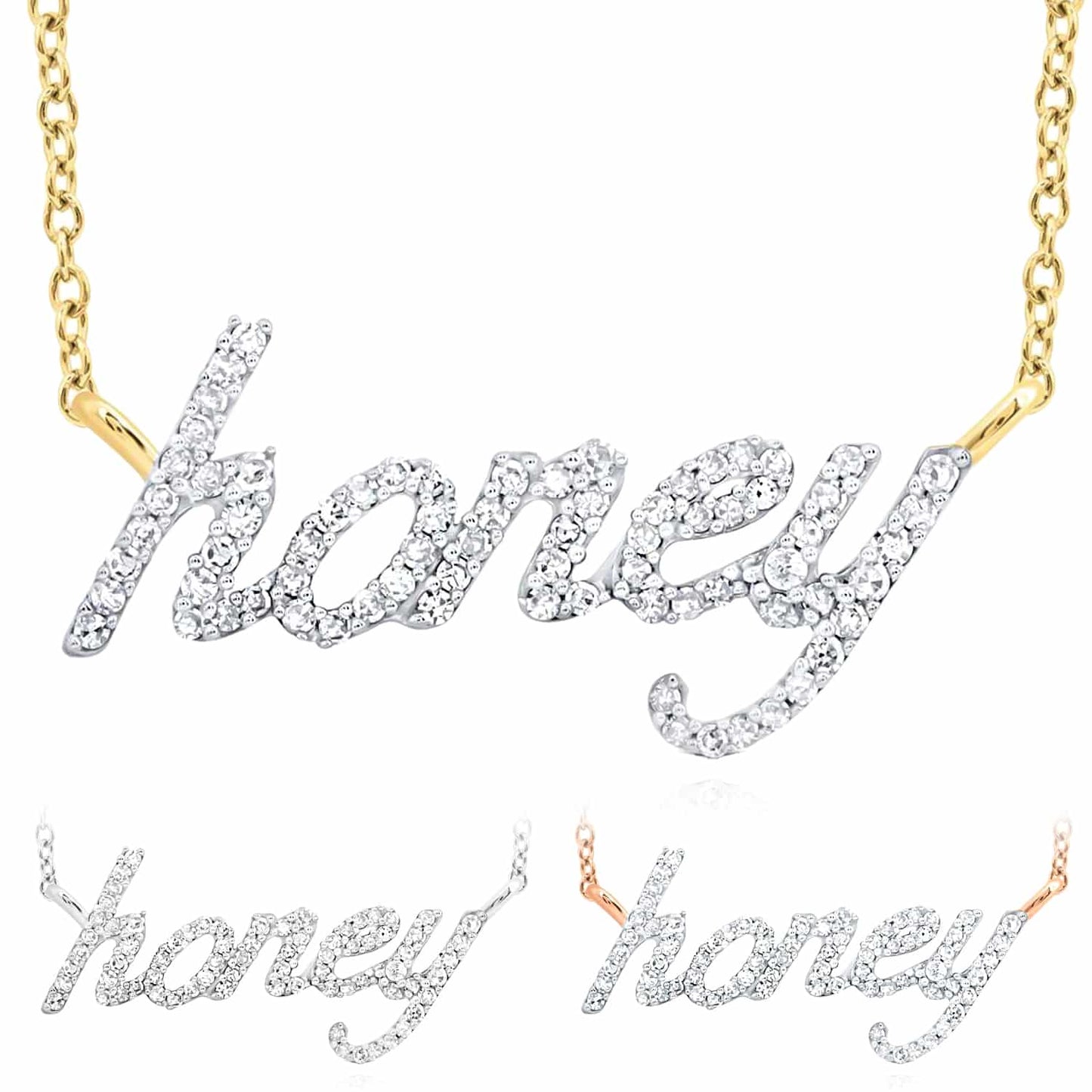 Real Diamond 10K Gold Yellow White Rose 'honey' Script Pendant Necklace 18"