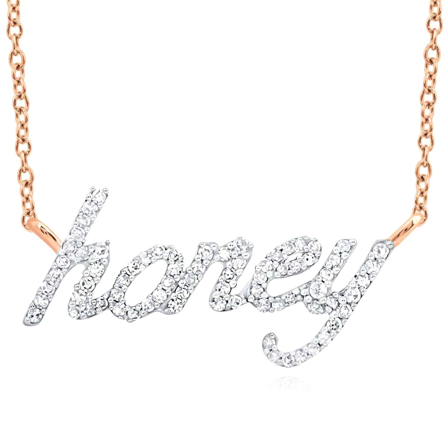 Real Diamond 10K Gold Yellow White Rose 'honey' Script Pendant Necklace 18"