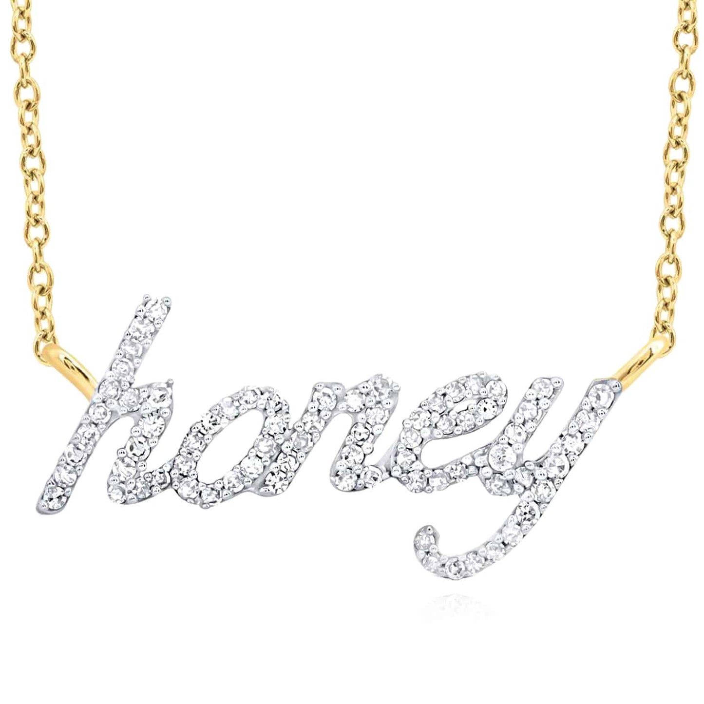 Real Diamond 10K Gold Yellow White Rose 'honey' Script Pendant Necklace 18"