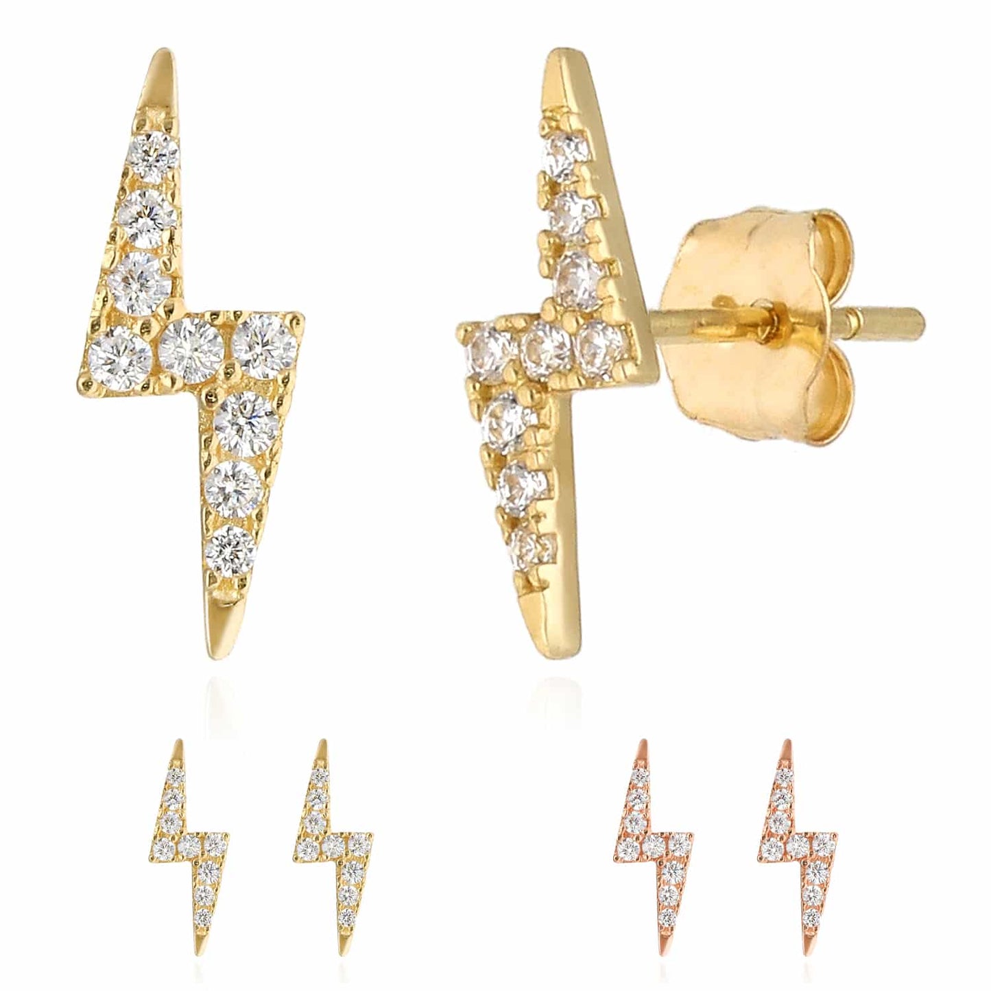 14K Real Gold Yellow Rose CZ Lightning Bolt Stud Push Back Earrings