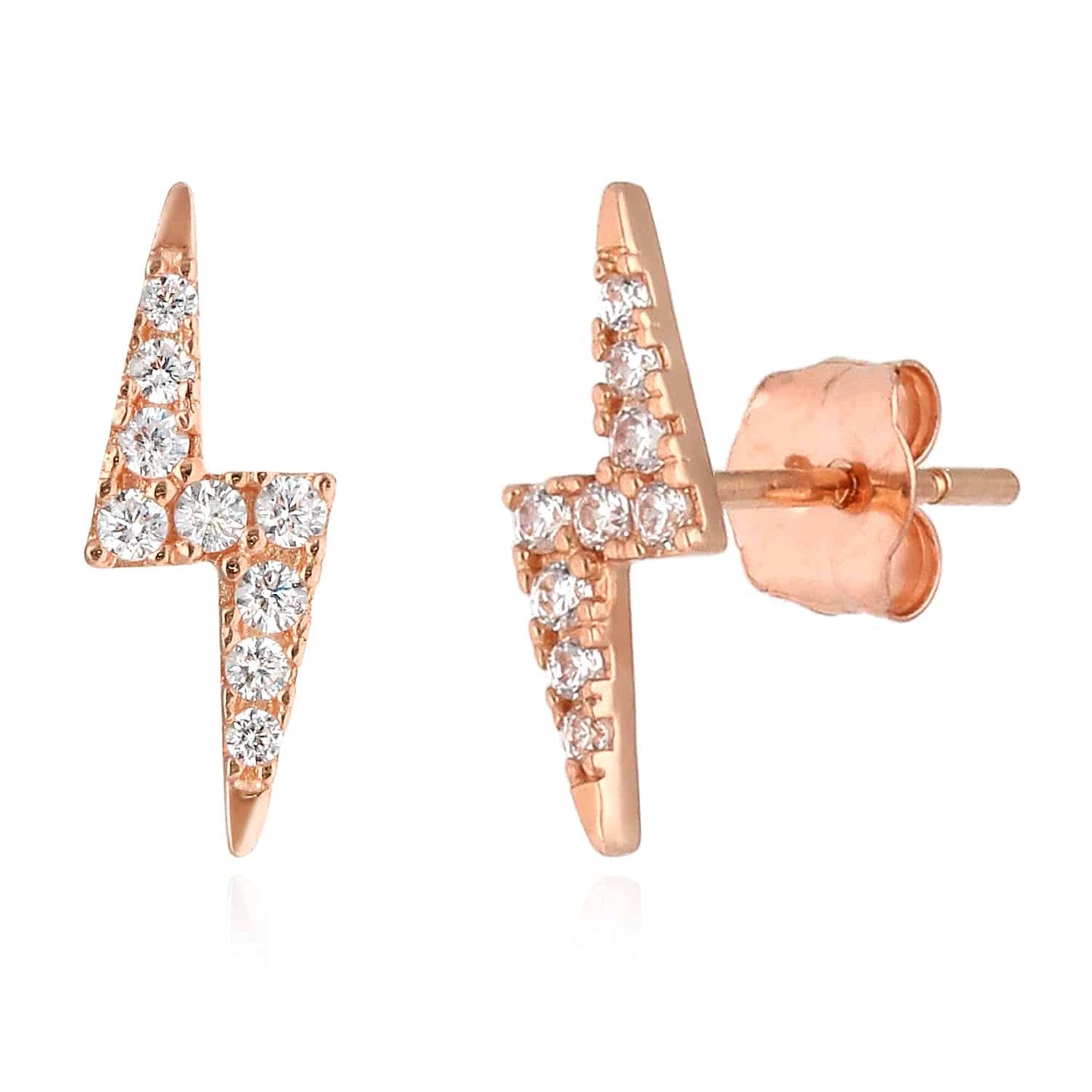 14K Real Gold Yellow Rose CZ Lightning Bolt Stud Push Back Earrings