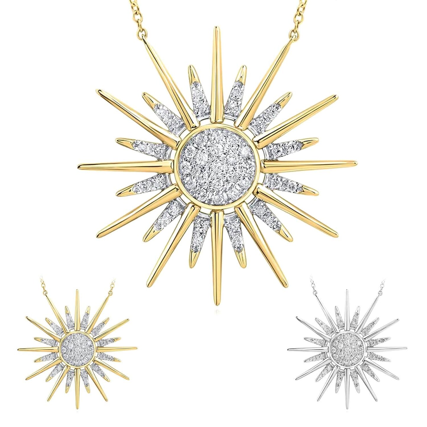 0.25CTW Real Diamond 10K Gold Yellow White Sunburst Pendant Necklace 18"