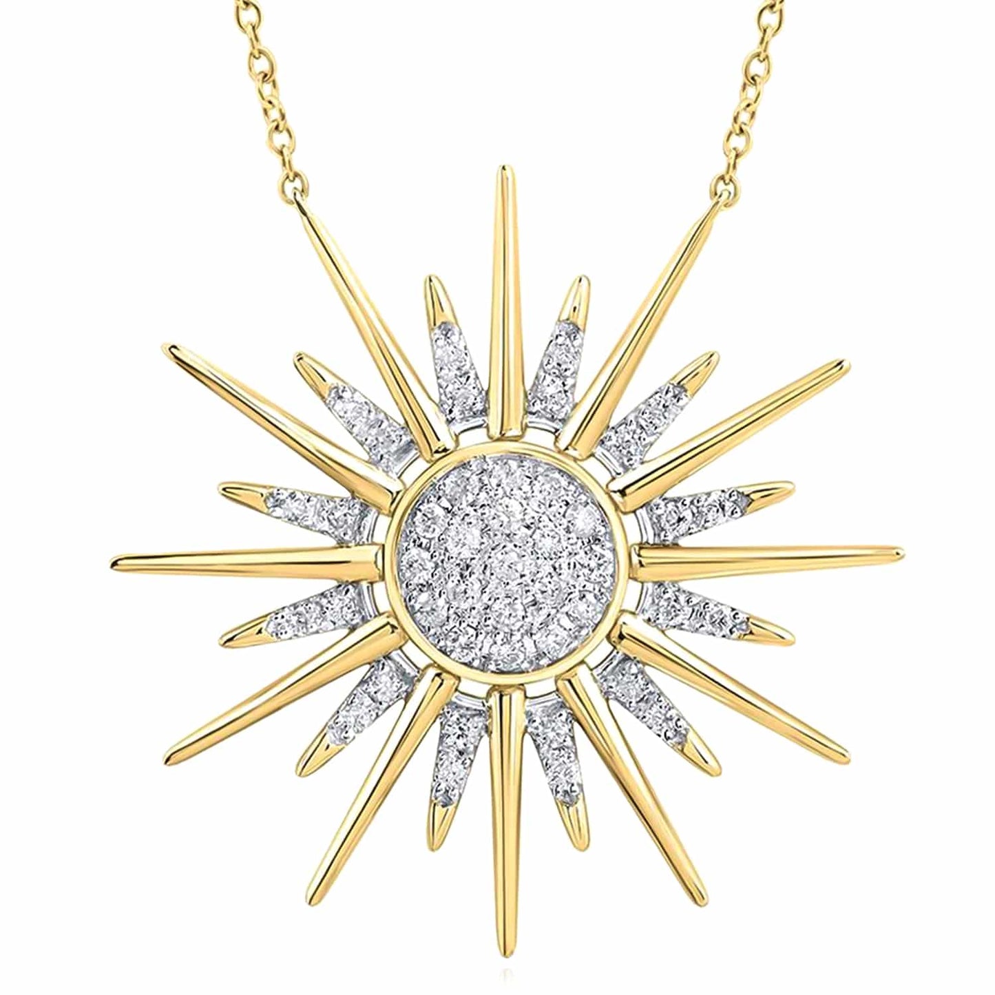 0.25CTW Real Diamond 10K Gold Yellow White Sunburst Pendant Necklace 18"