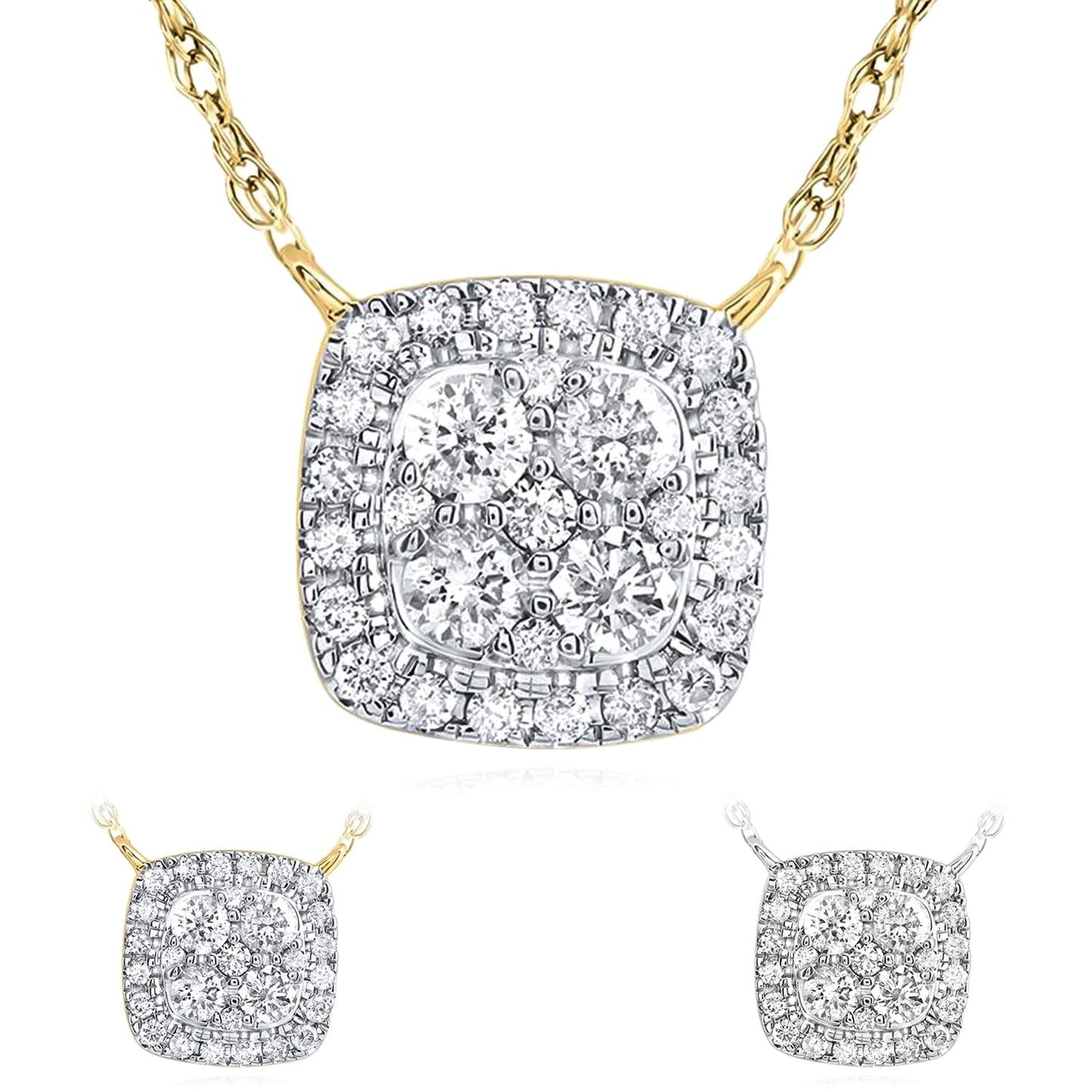 0.33CTW Real Diamond 10K Gold Yellow White Cluster Pendant Necklace 18"