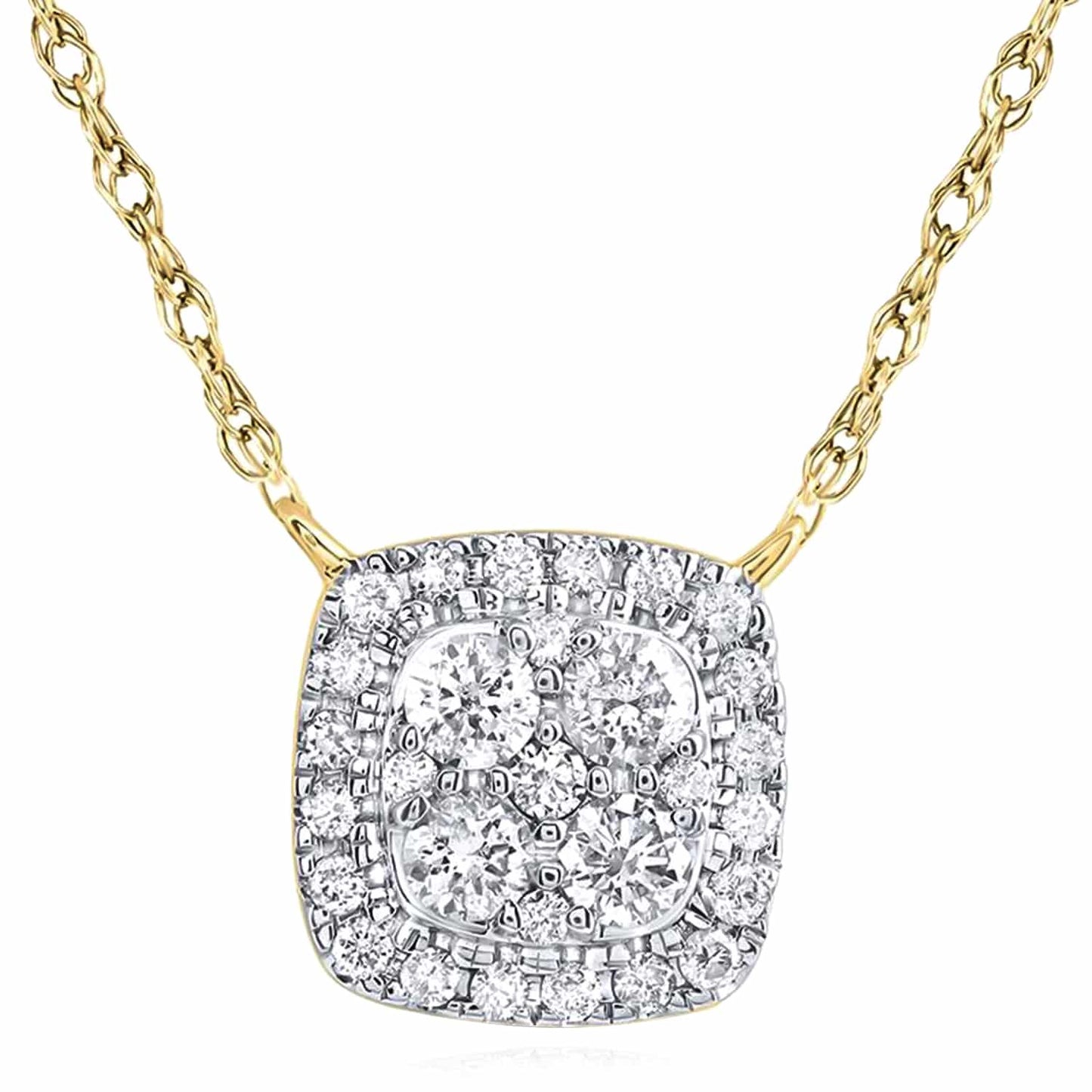 0.33CTW Real Diamond 10K Gold Yellow White Cluster Pendant Necklace 18"