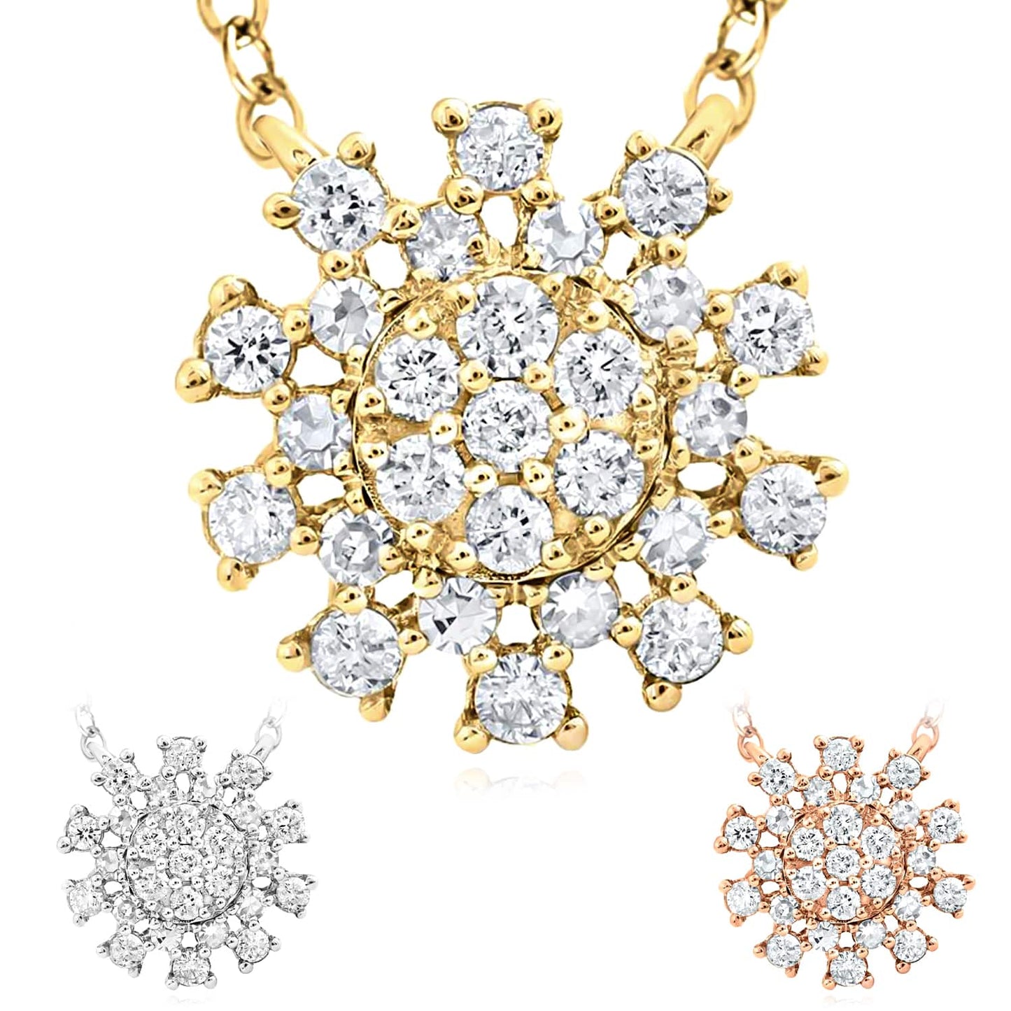 Real Diamond 14K Real Gold Yellow White Rose Celestial Sun Pendant Necklace 18"
