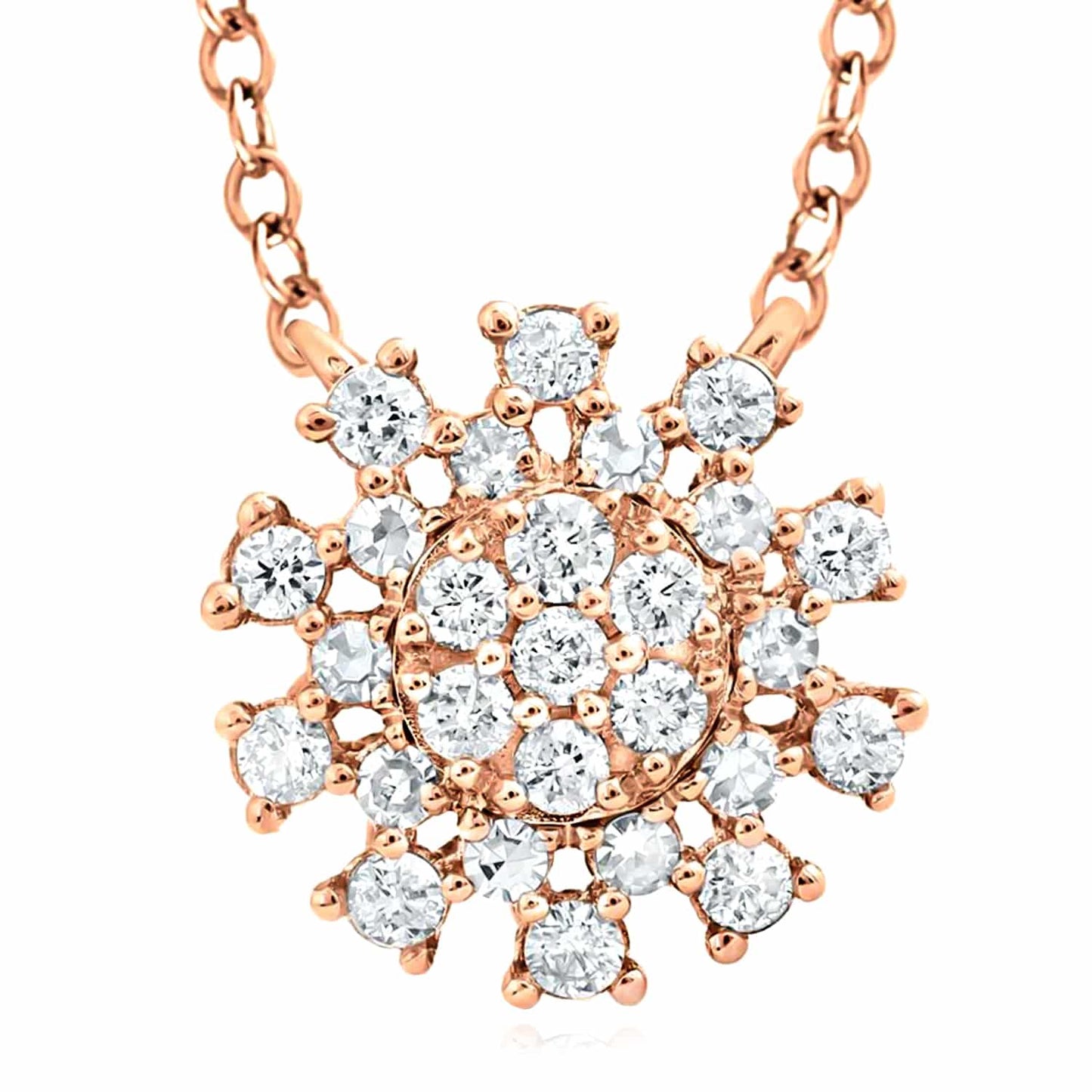 Real Diamond 14K Real Gold Yellow White Rose Celestial Sun Pendant Necklace 18"