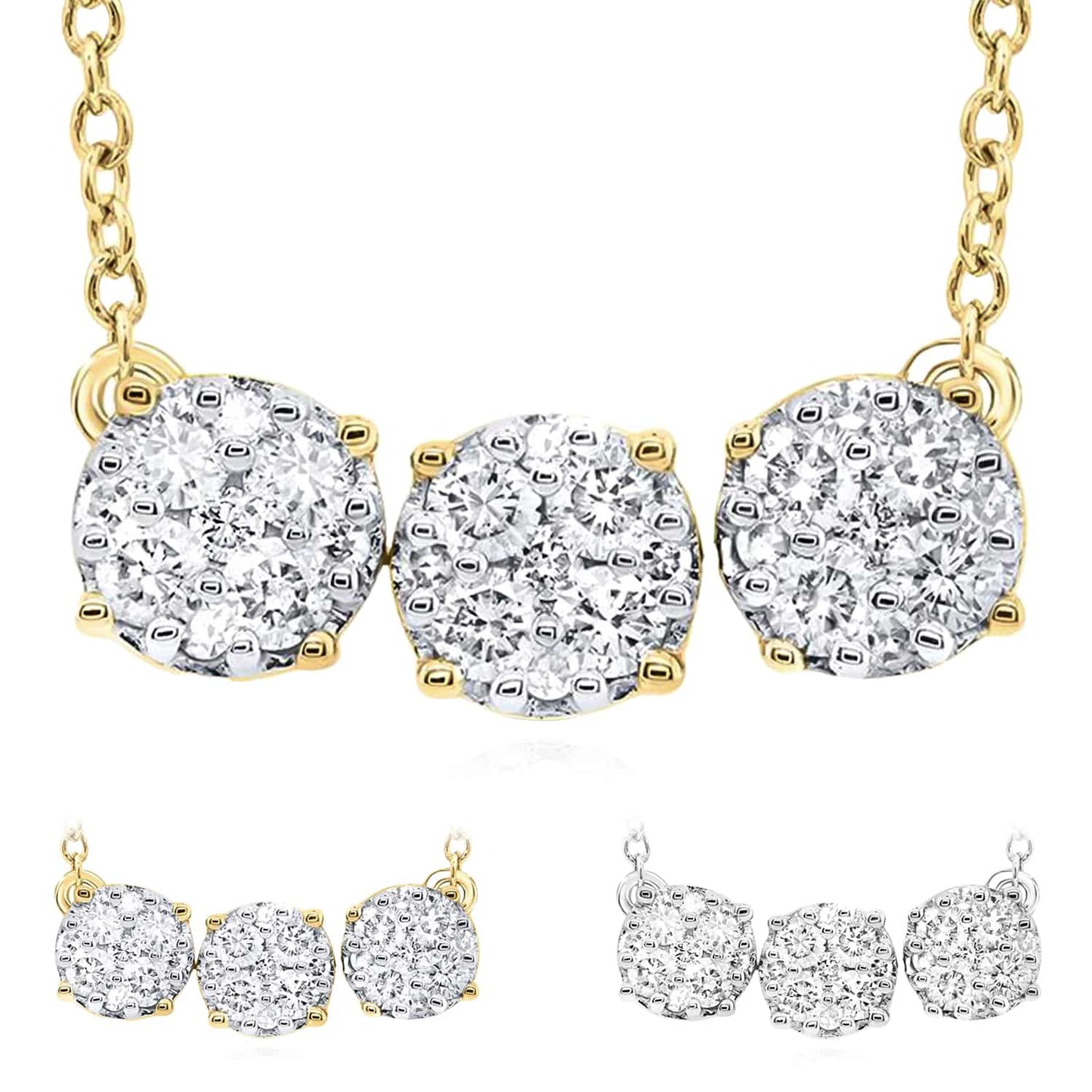 0.50CTW Real Diamond 10K Gold Yellow White Triple Circle Pendant Necklace 18"