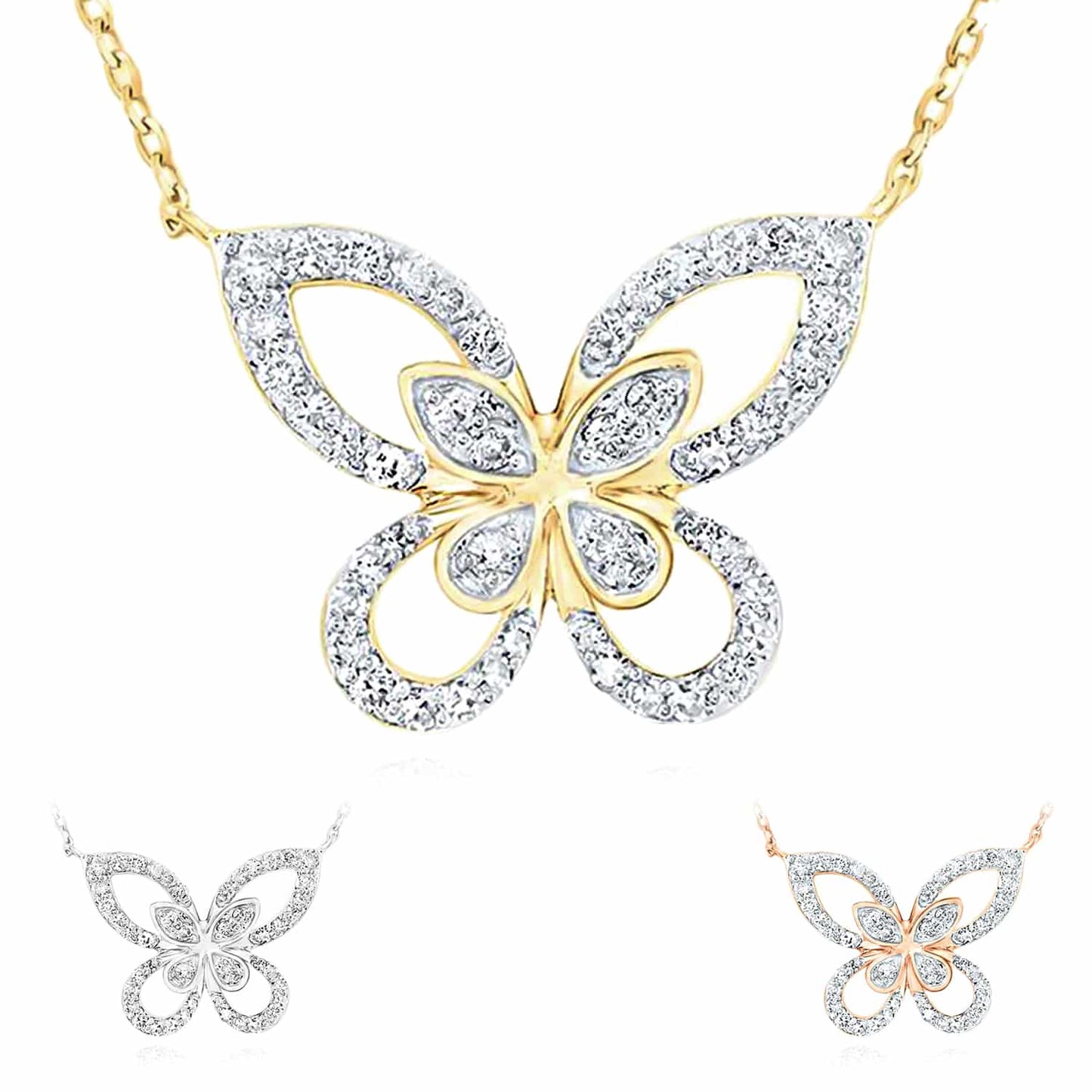 Real Diamond 10K Gold Yellow White Rose Butterfly Pendant Necklace 18"