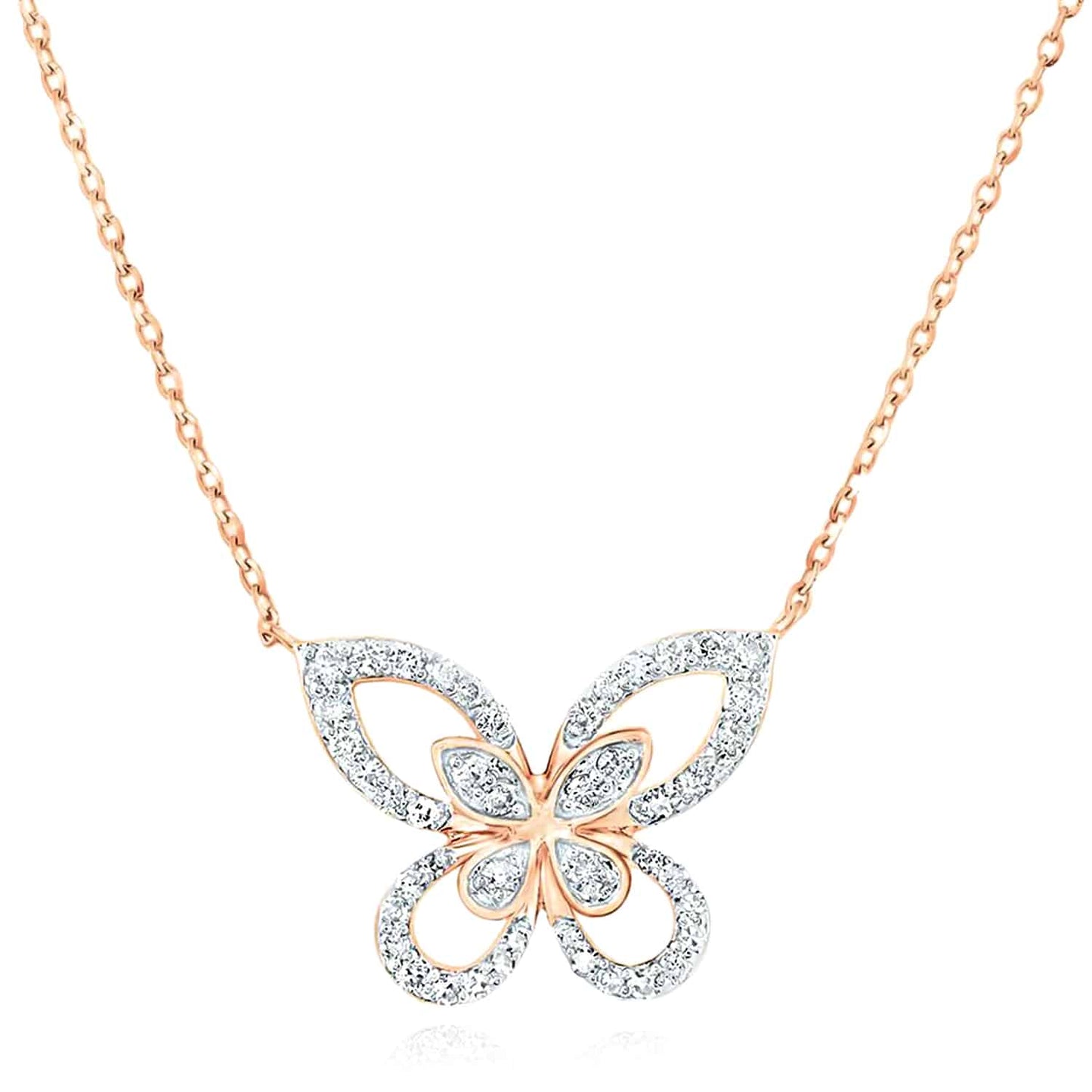 Real Diamond 10K Gold Yellow White Rose Butterfly Pendant Necklace 18"