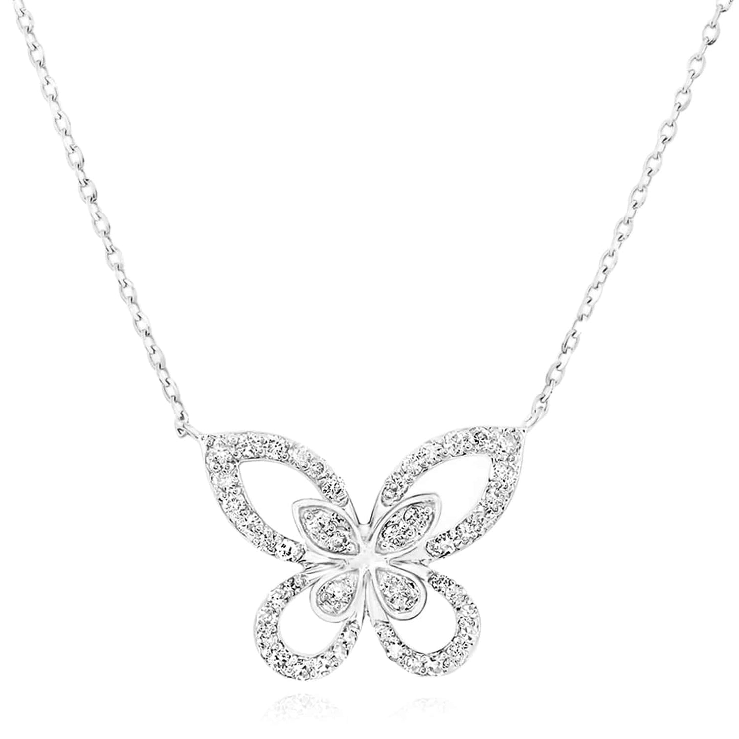 Real Diamond 10K Gold Yellow White Rose Butterfly Pendant Necklace 18"