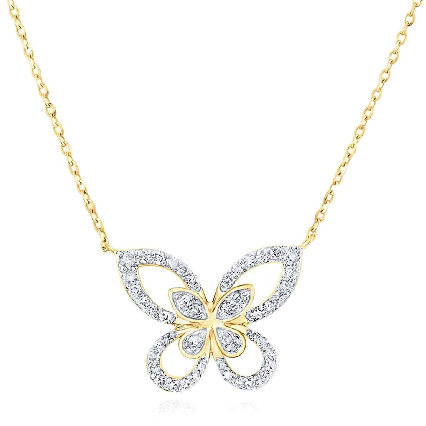 Real Diamond 10K Gold Yellow White Rose Butterfly Pendant Necklace 18"