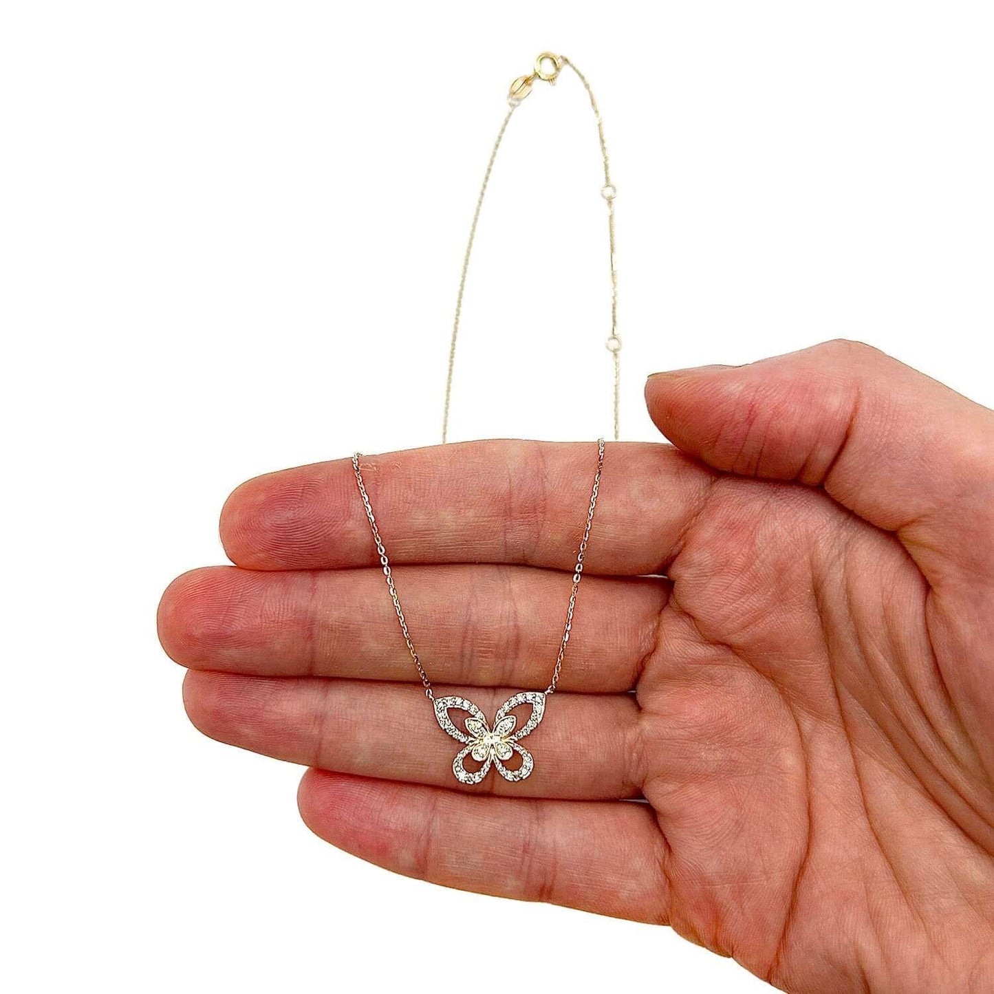 Real Diamond 10K Gold Yellow White Rose Butterfly Pendant Necklace 18"