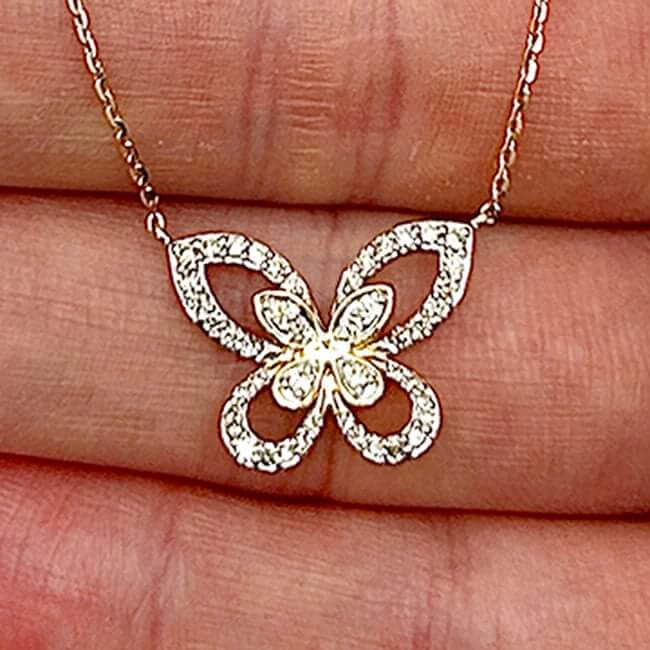 Real Diamond 10K Gold Yellow White Rose Butterfly Pendant Necklace 18"