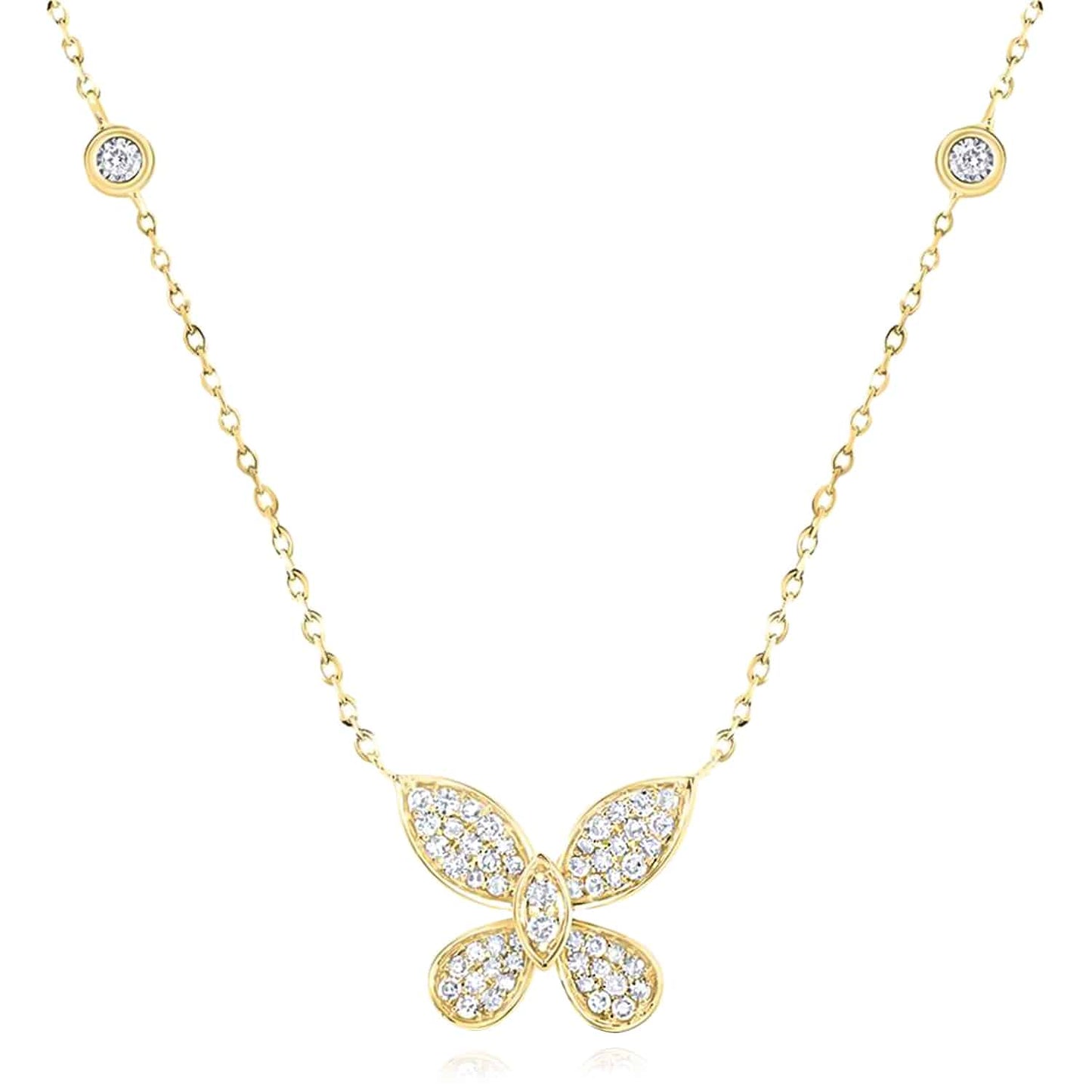 Real Diamond 10K Gold Yellow White Rose Butterfly Pendant Necklace 18"