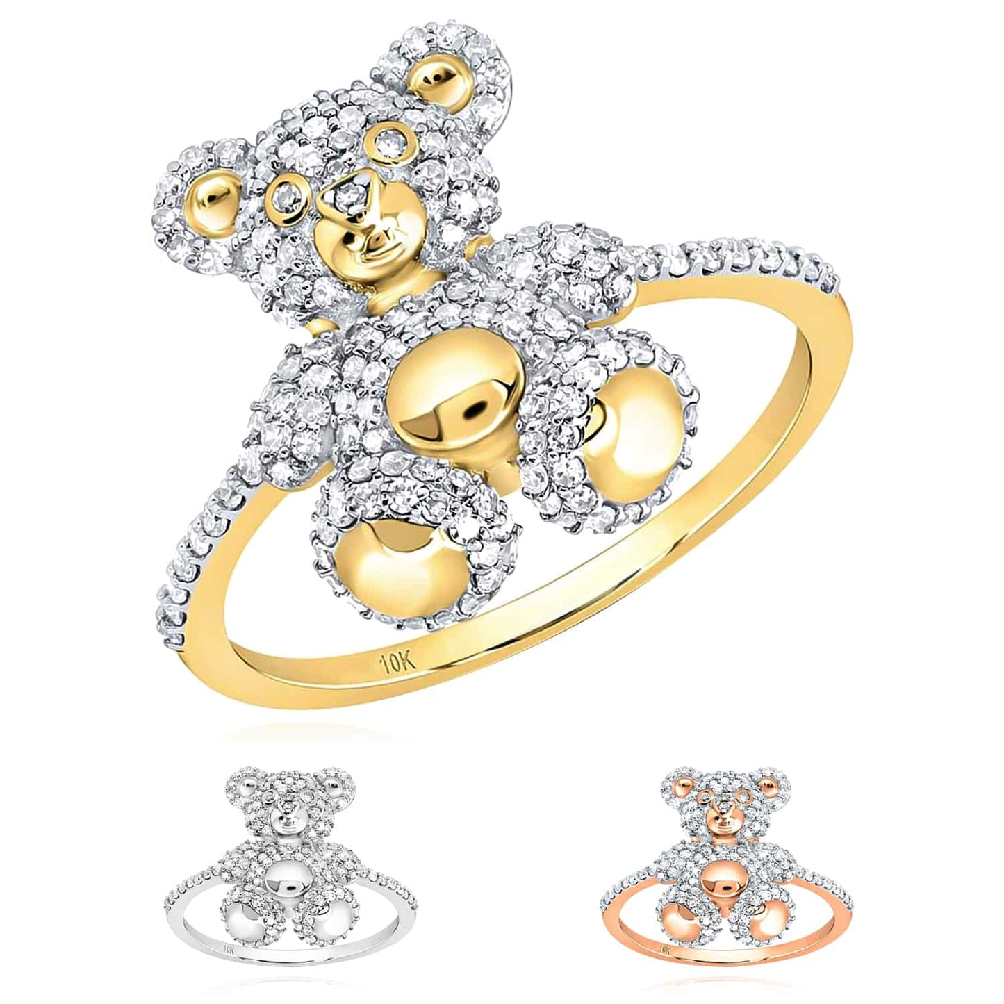 0.50CTW Real Diamond 10K Gold Yellow White Rose Teddy Bear Cocktail Ring