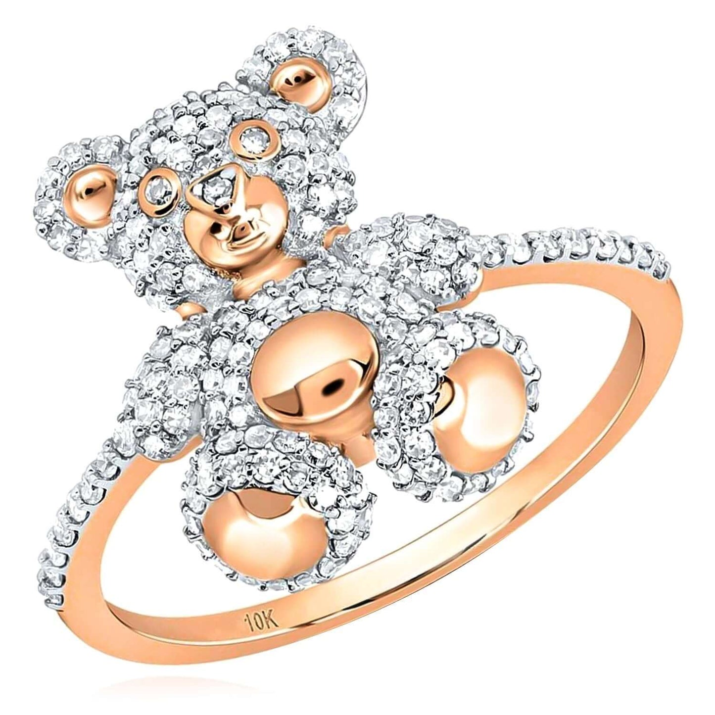 0.50CTW Real Diamond 10K Gold Yellow White Rose Teddy Bear Cocktail Ring