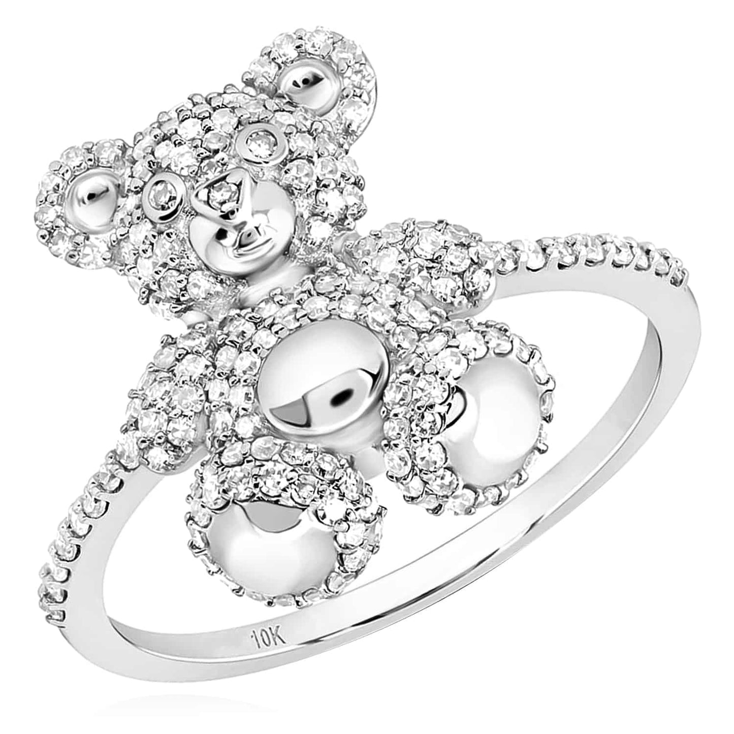 0.50CTW Real Diamond 10K Gold Yellow White Rose Teddy Bear Cocktail Ring