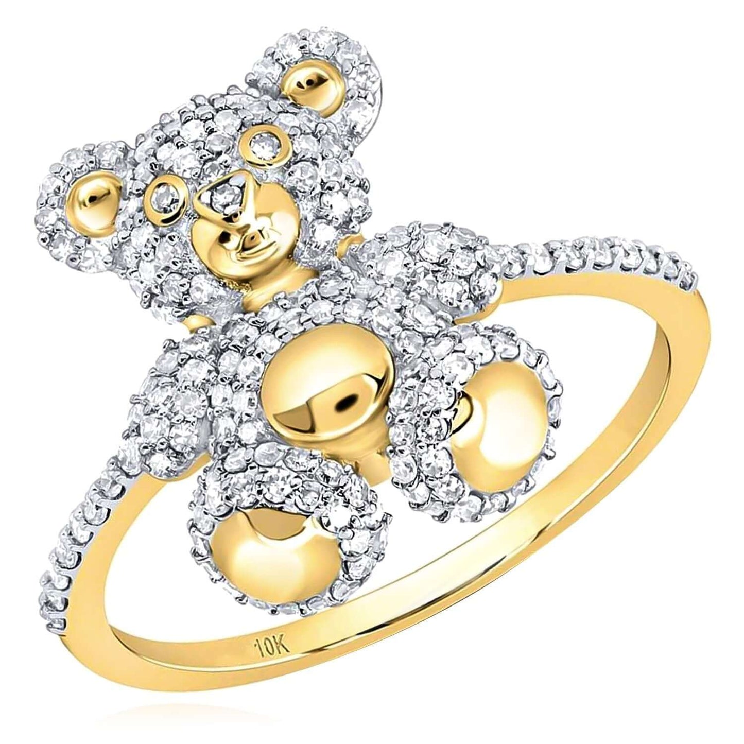 0.50CTW Real Diamond 10K Gold Yellow White Rose Teddy Bear Cocktail Ring