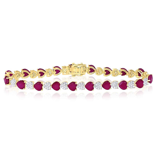 1.20CTW Natural Diamond 10K Yellow Gold Ruby Heart Bracelet (Solid Links) 7"