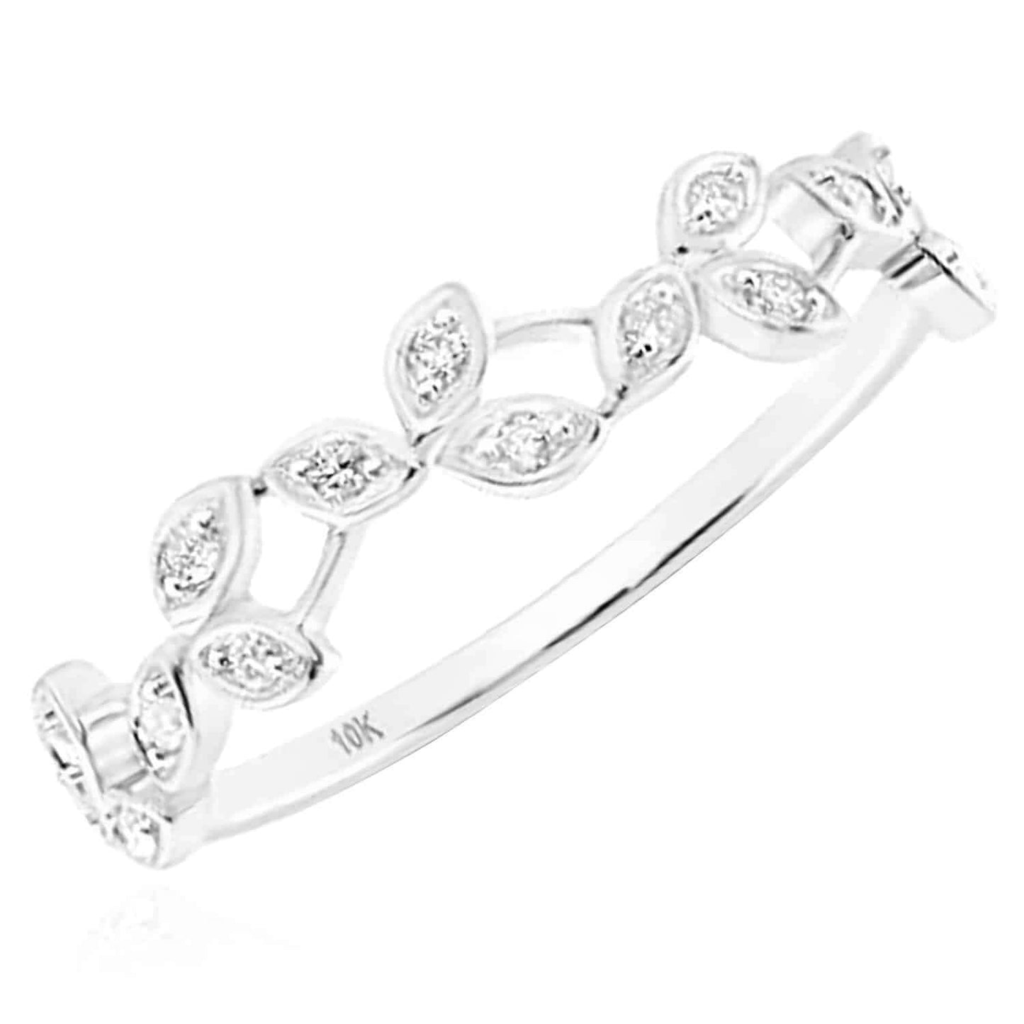 0.10CTW Real Diamond 10K White Gold Leaf Stackable Ring