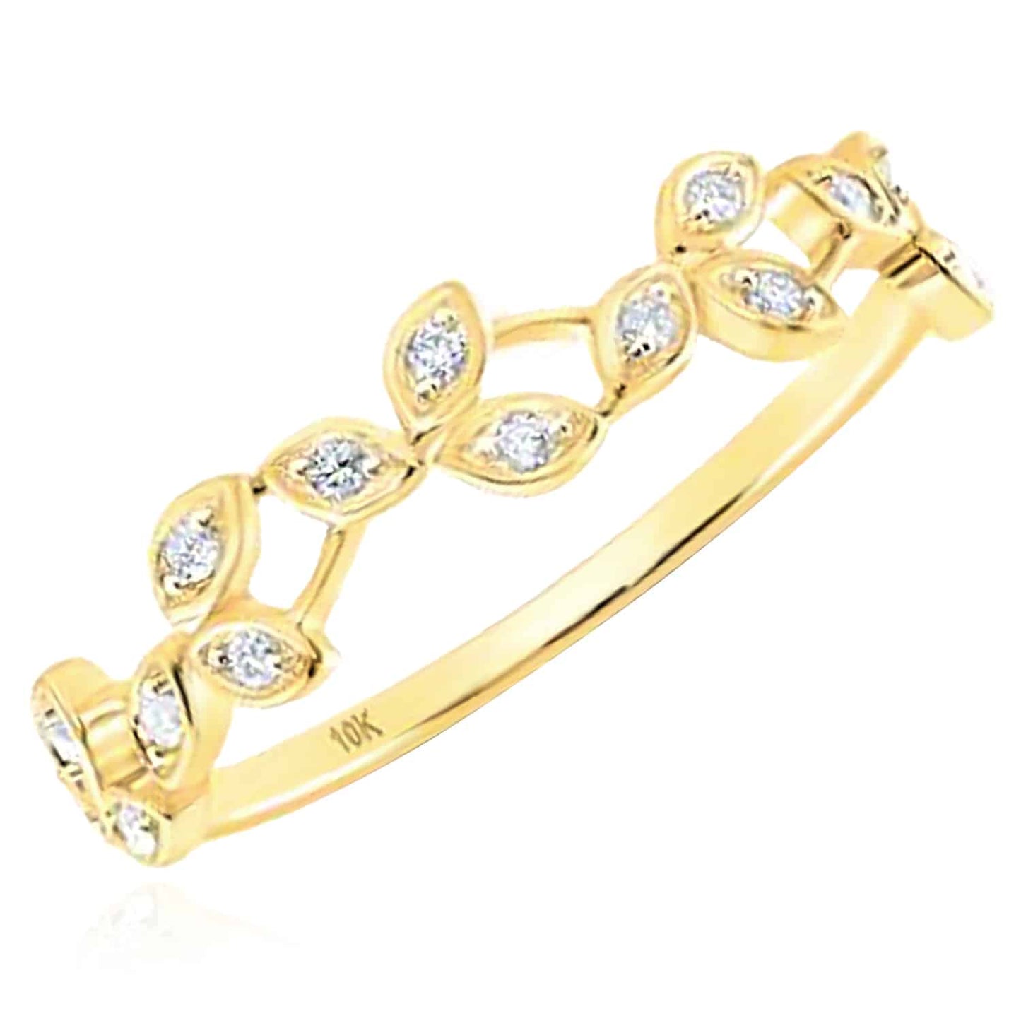 0.10CTW Real Diamond 10K Yellow Gold Leaf Stackable Ring