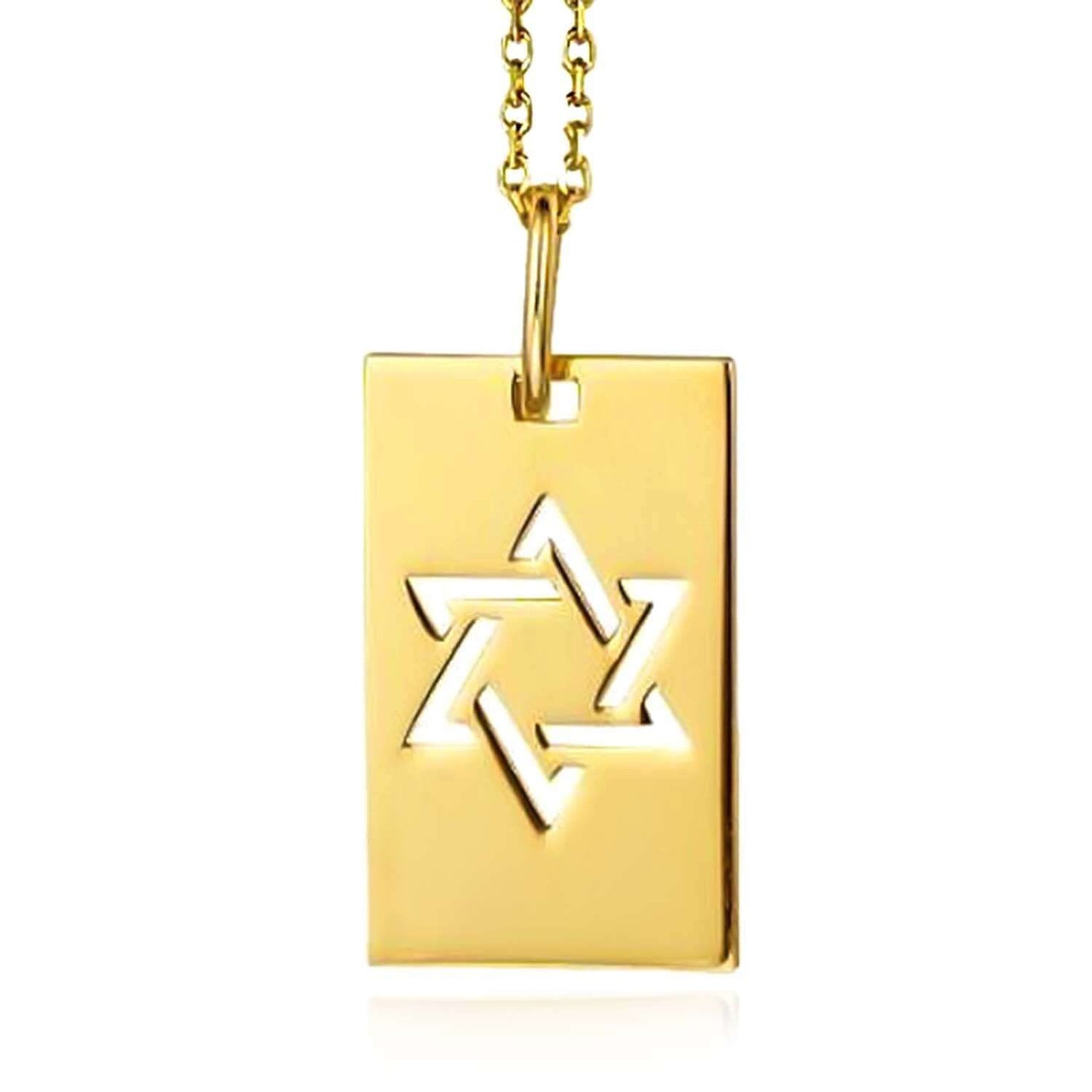 14K Real Gold Star of David Tag Pendant Cable Necklace 18"