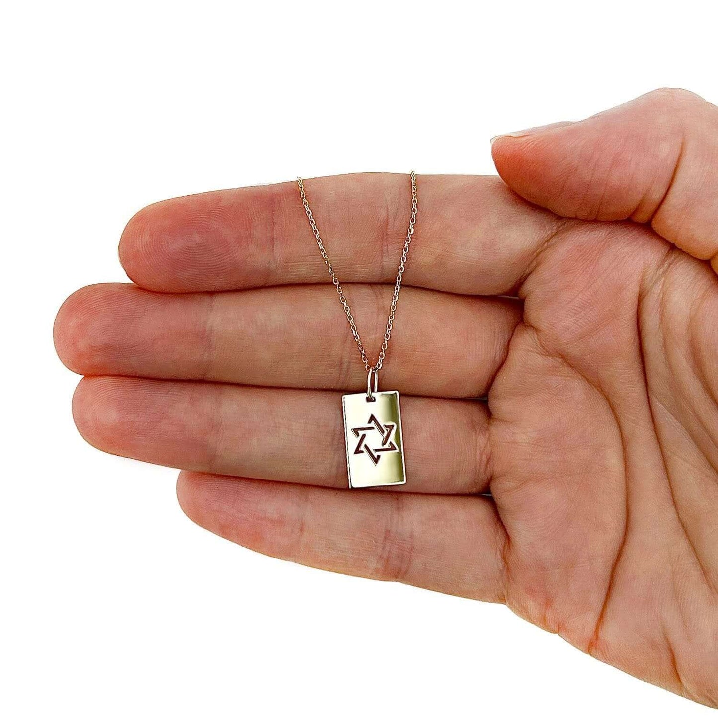 14K Real Gold Star of David Tag Pendant Cable Necklace 18"