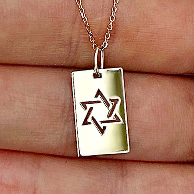 14K Real Gold Star of David Tag Pendant Cable Necklace 18"