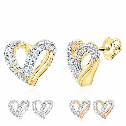 10K Gold Yellow White Rose Diamond Heart Screw Back Stud Earrings
