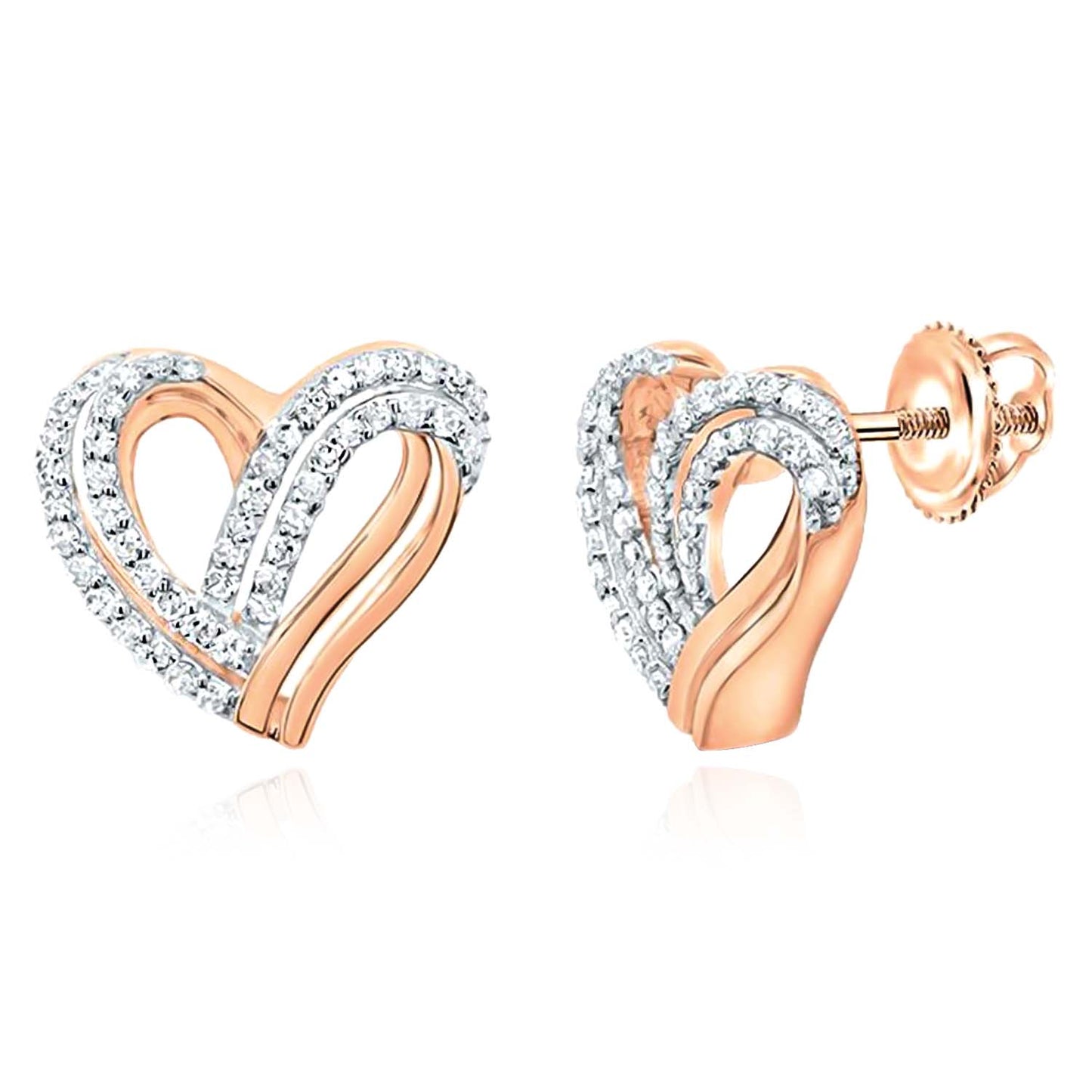 10K Gold Yellow White Rose Diamond Heart Screw Back Stud Earrings