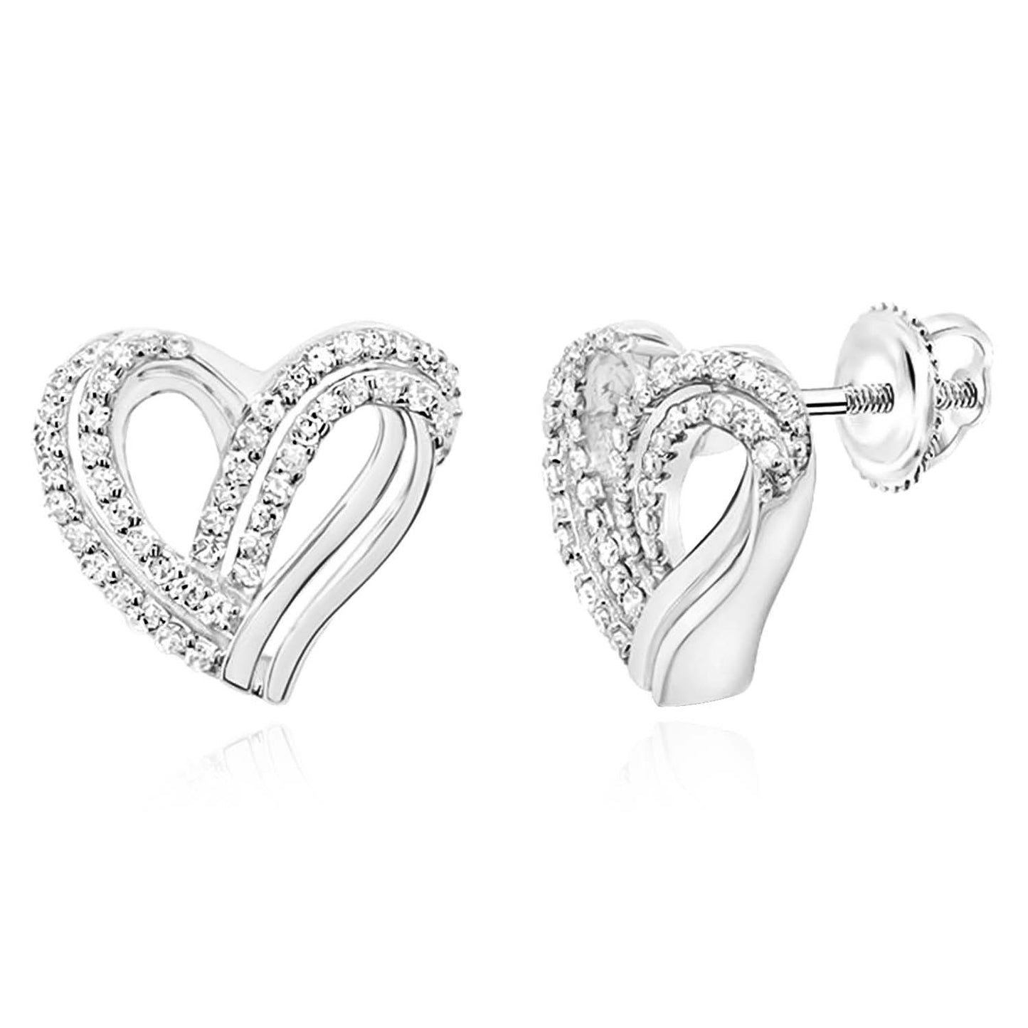 10K Gold Yellow White Rose Diamond Heart Screw Back Stud Earrings