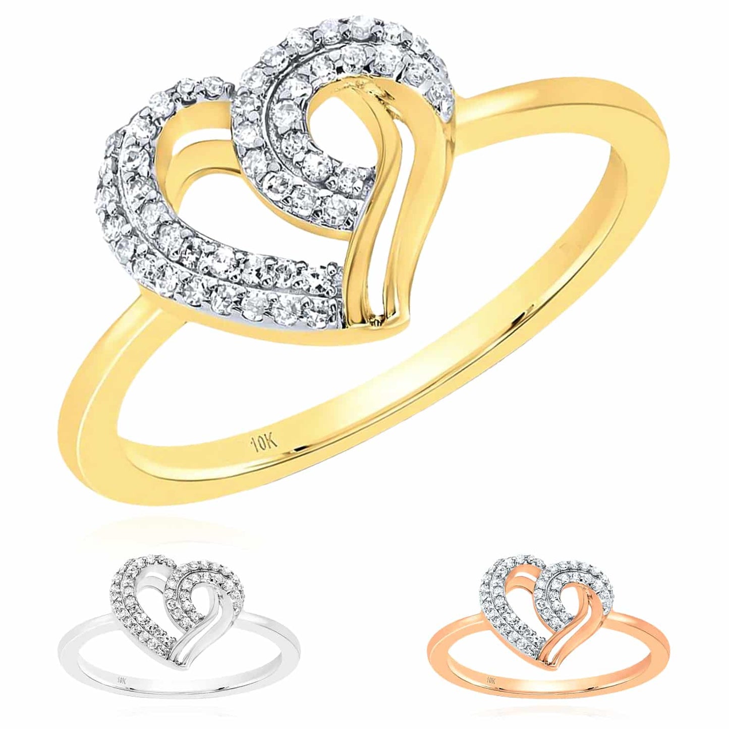 0.16CTW Real Diamond 10K Gold Yellow White Rose Heart Swirl Ring