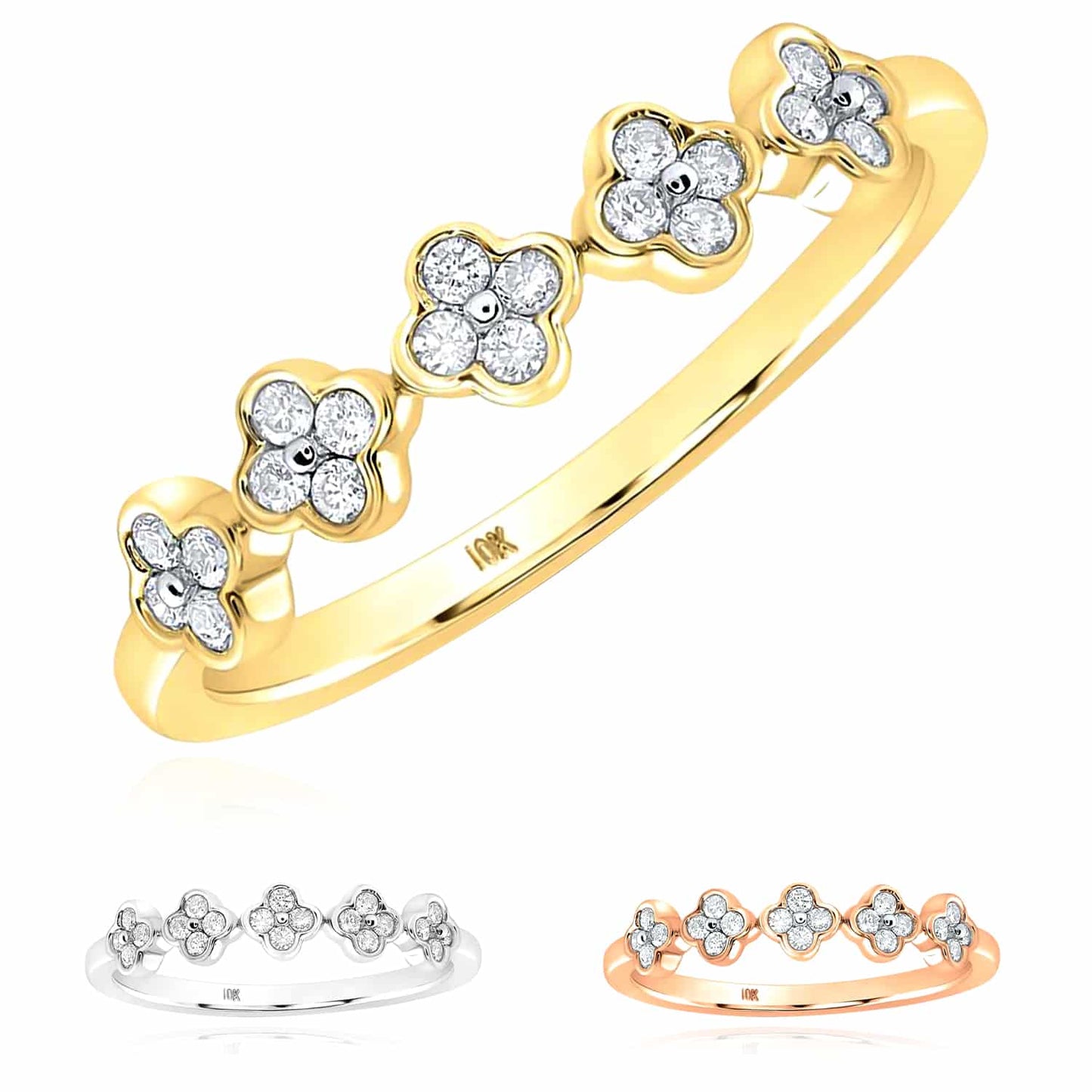 0.15CTW Real Diamonds 10K Gold Yellow White Rose Clover Stackable Band Ring