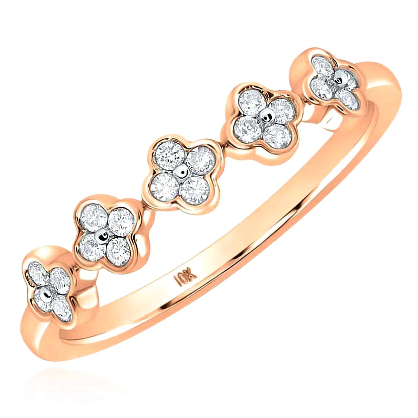 0.15CTW Real Diamonds 10K Gold Yellow White Rose Clover Stackable Band Ring
