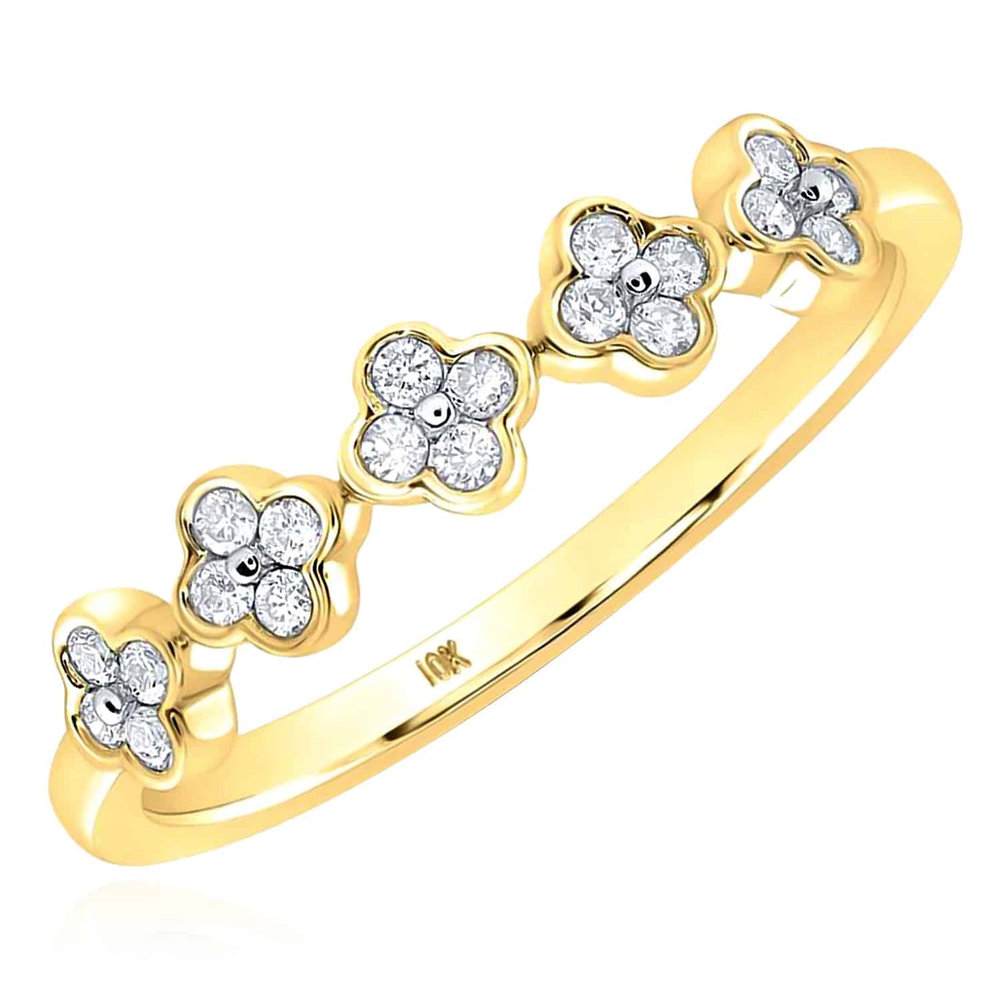 0.15CTW Real Diamonds 10K Gold Yellow White Rose Clover Stackable Band Ring
