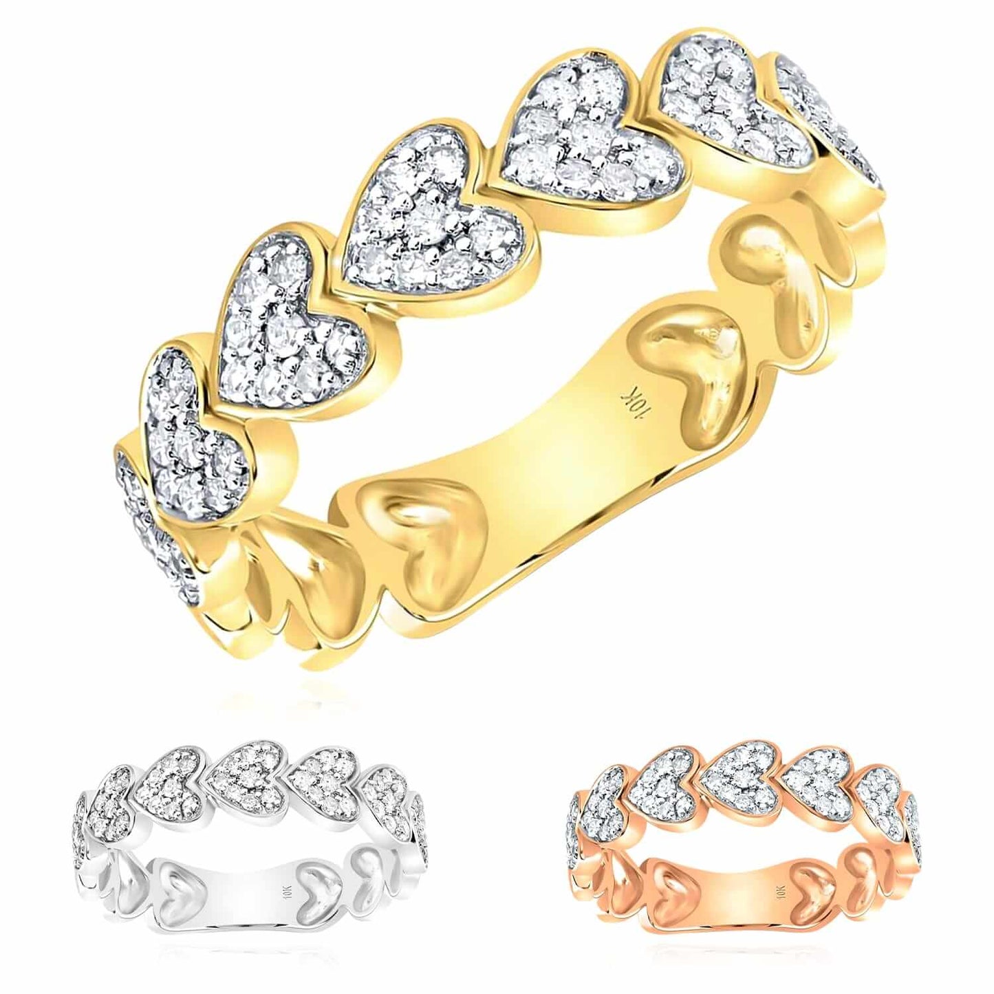 0.33CTW Real Diamonds 10K Gold Yellow White Rose Hearts Love Band Ring