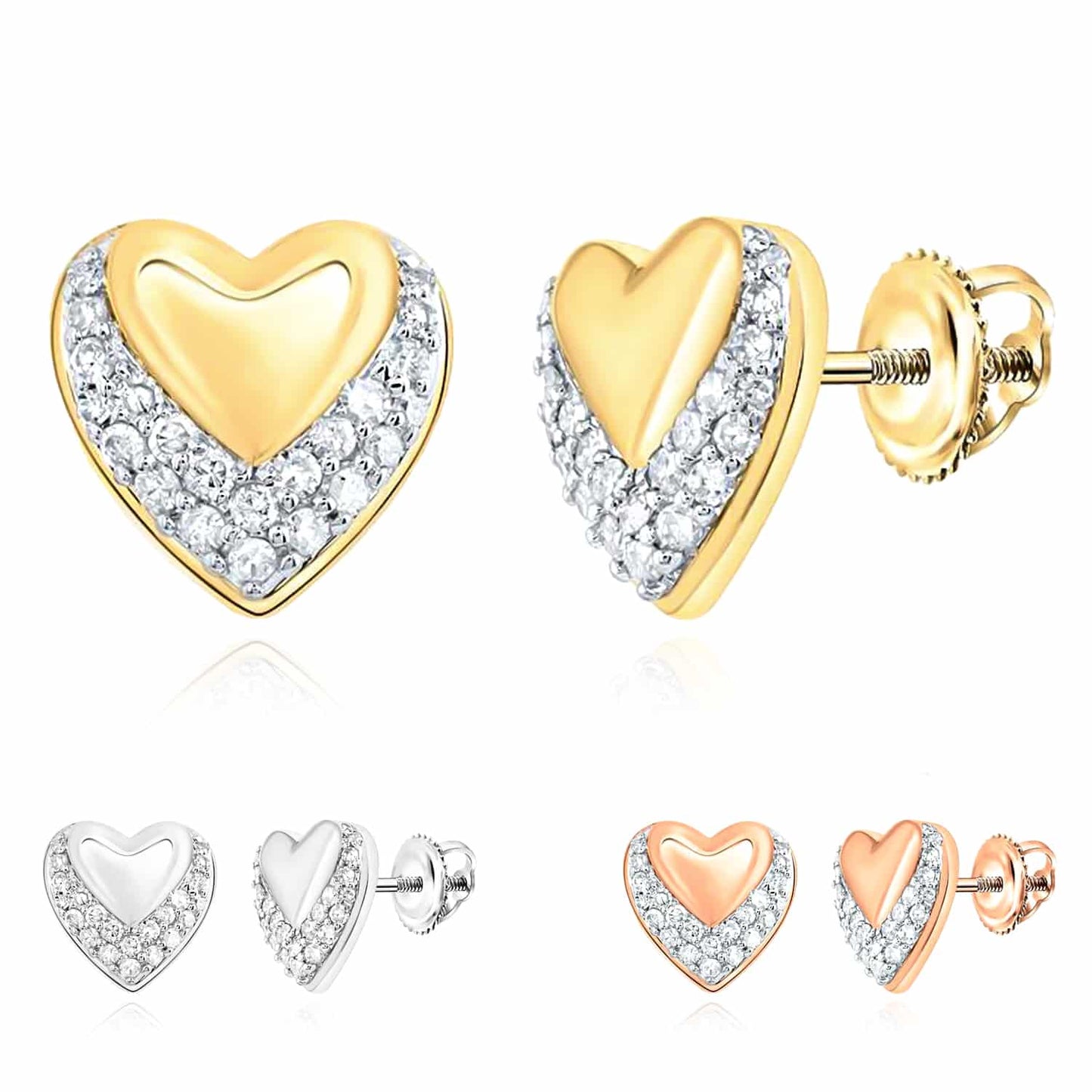 .25CTW Real Diamond 10K Gold Yellow White Rose Heart Screw Back Stud Earrings