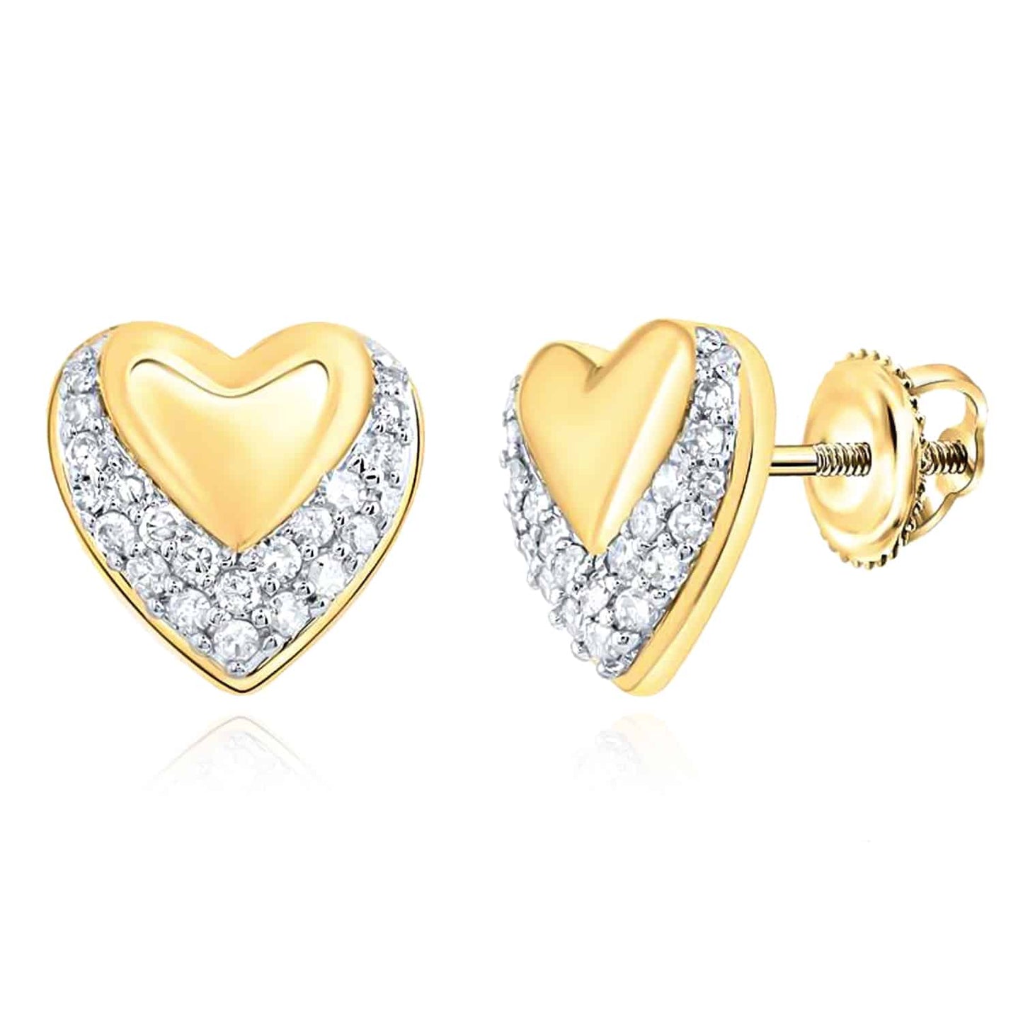 .25CTW Real Diamond 10K Gold Yellow White Rose Heart Screw Back Stud Earrings