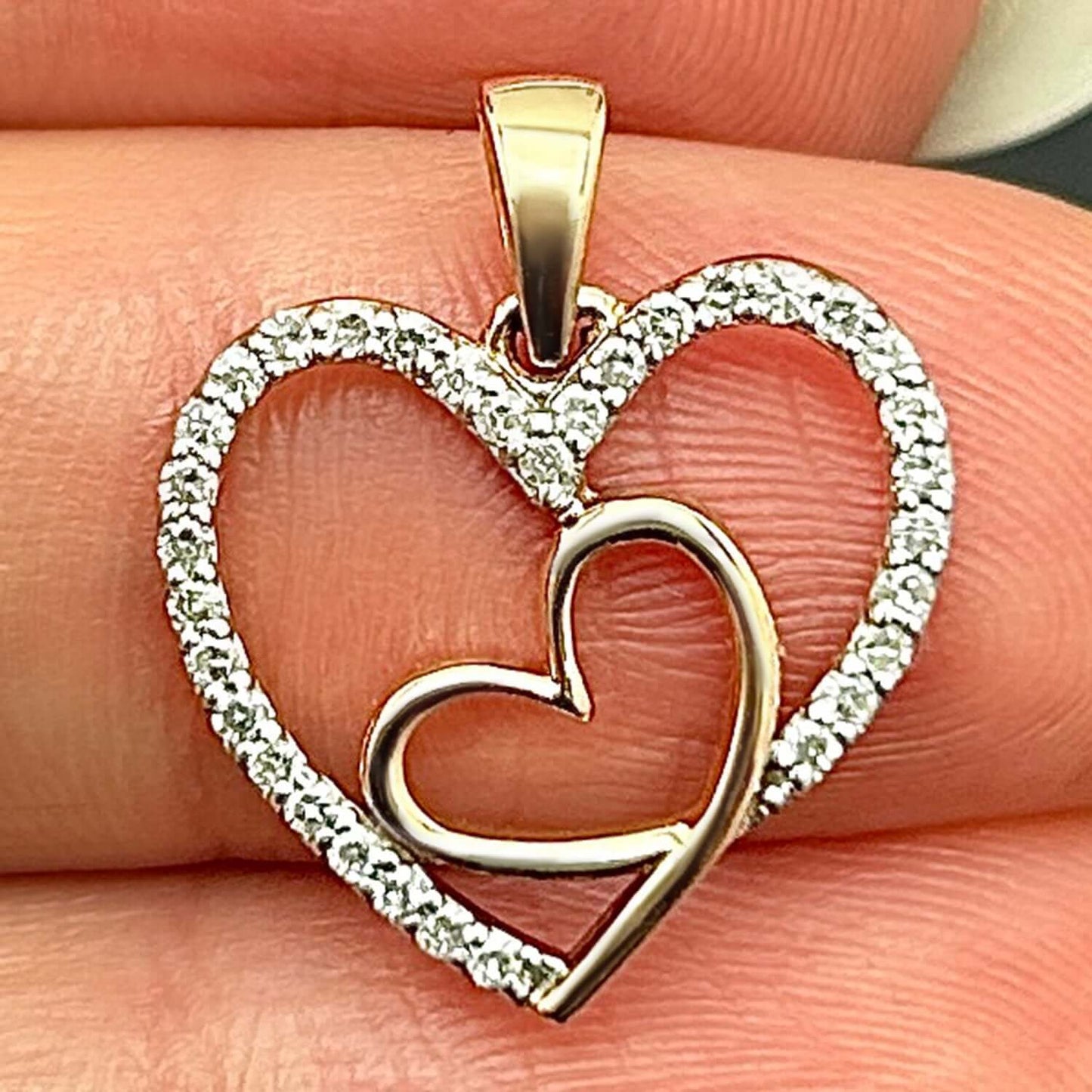 0.20CTW Real Diamond 10K Gold Yellow White Rose Heart Pendant 0.8"