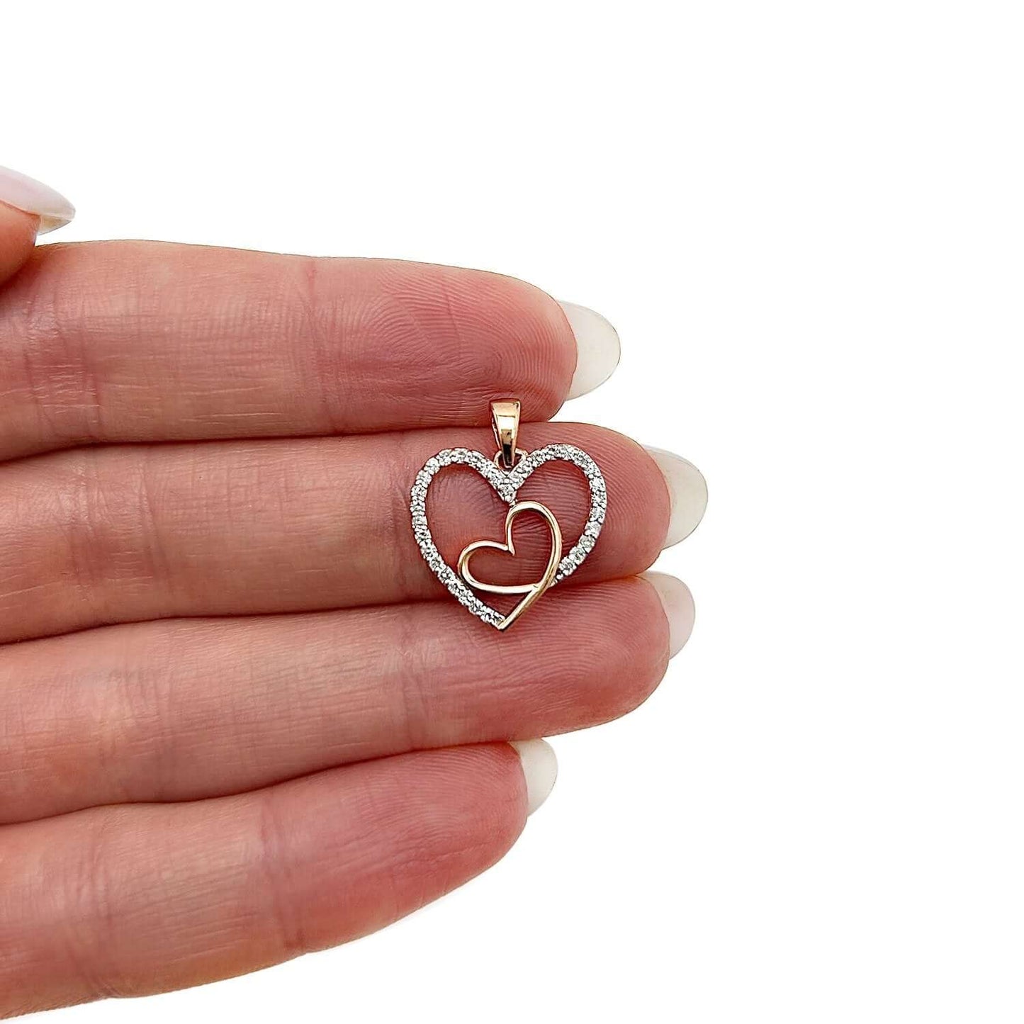 0.20CTW Real Diamond 10K Gold Yellow White Rose Heart Pendant 0.8"