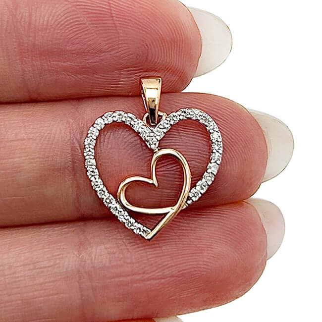 0.20CTW Real Diamond 10K Gold Yellow White Rose Heart Pendant 0.8"