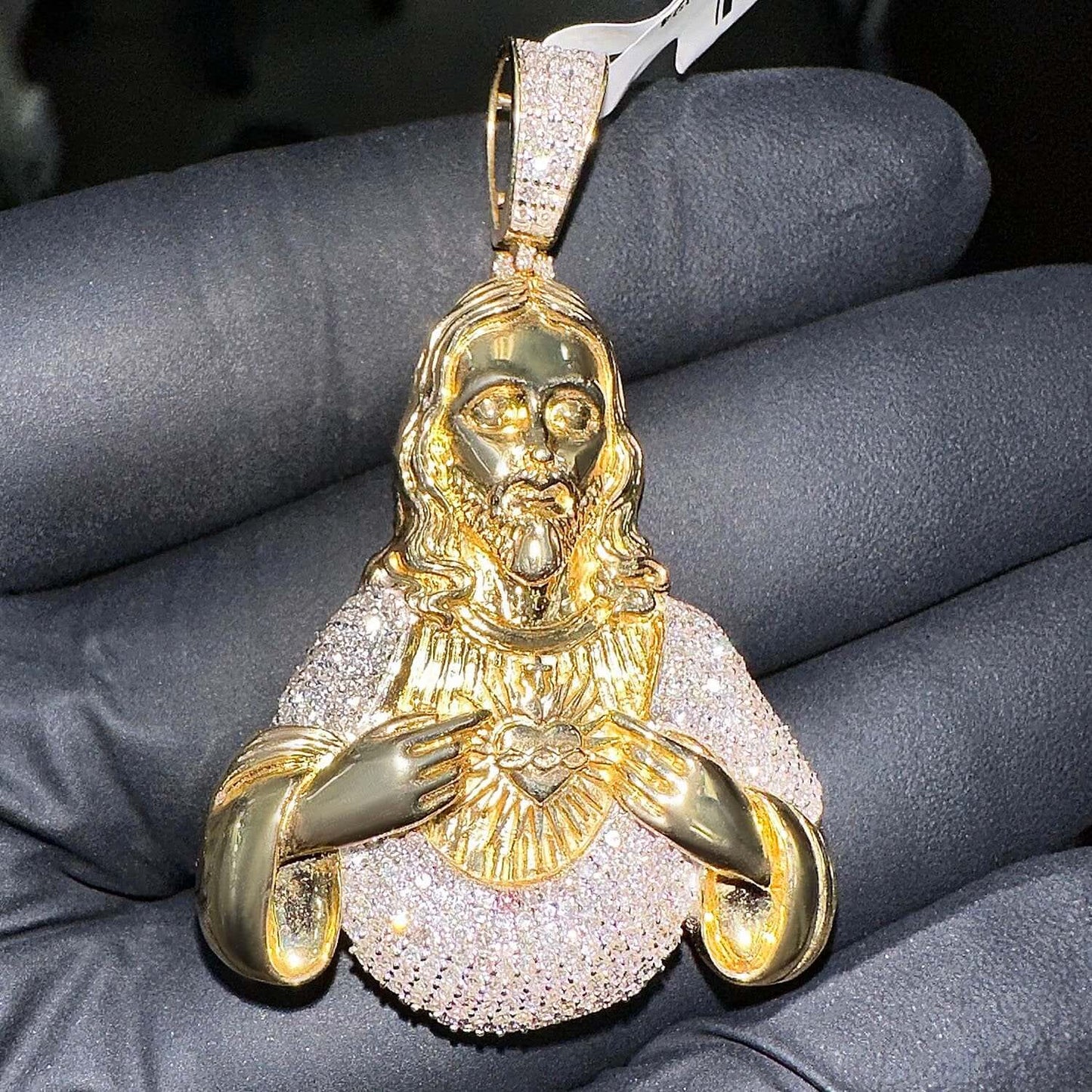 Natural Diamond 10K Yellow Gold Sacred Heart of Jesus Pendant 2" 2.6"